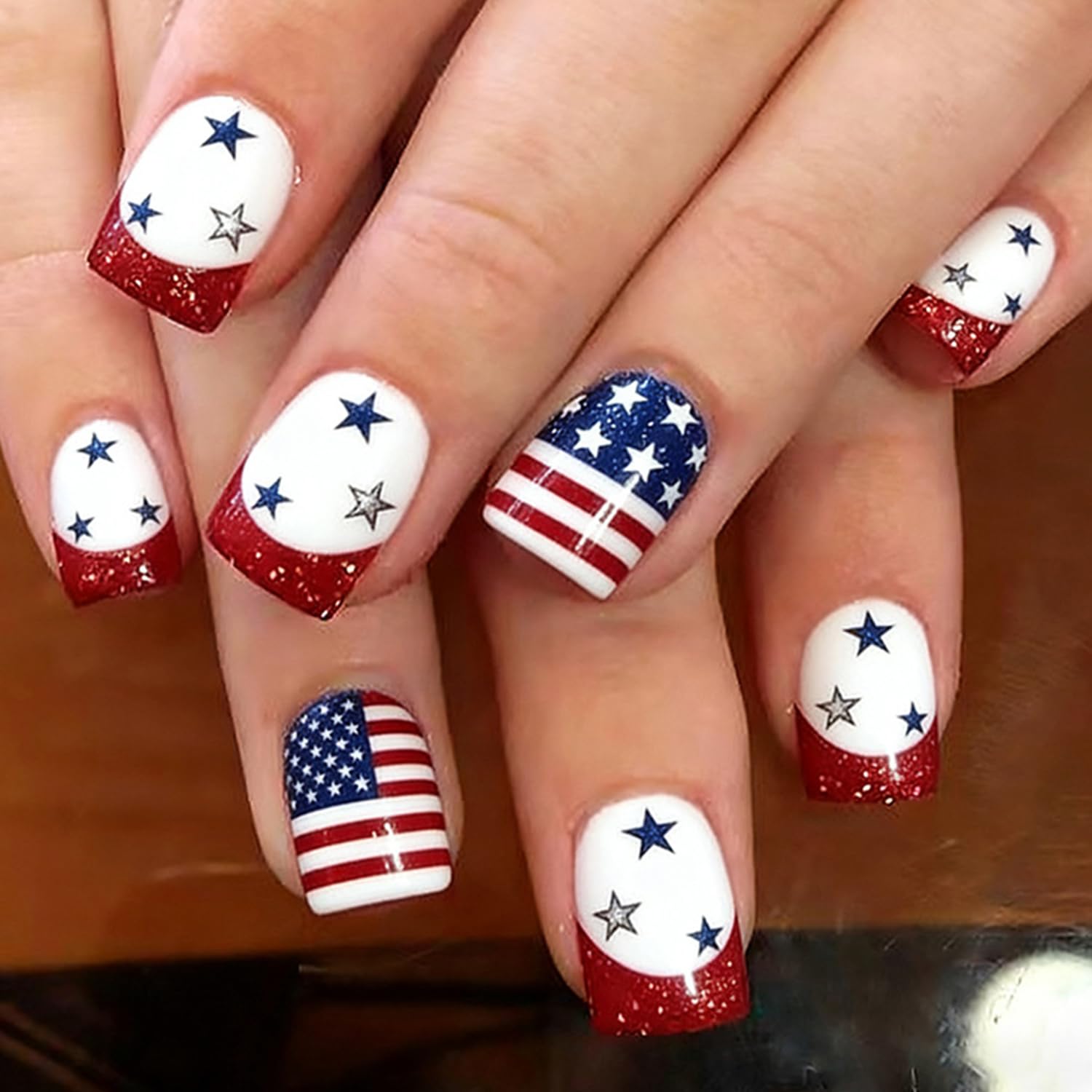 Independence Day Press on Nails - Red Glitter French Tips
