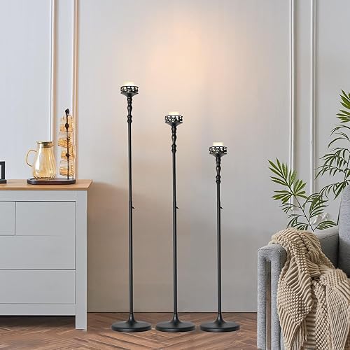 VINCIGANT Portavelas de piso para mesas, 3 portavelas negro para velas de pilar, juego de velas de metal mate para bodas, fiestas, hogar, velas para