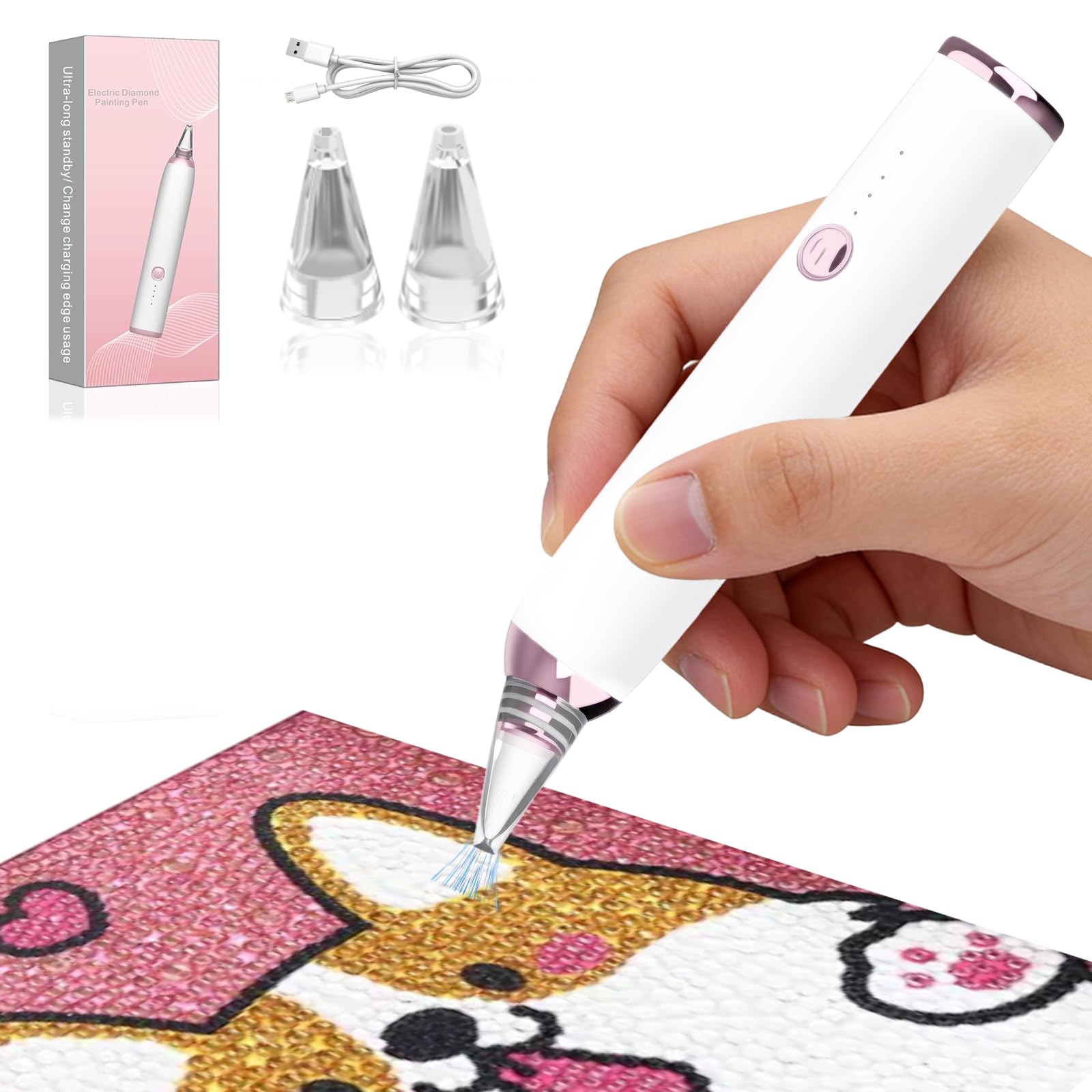 Electric Diamond Painting Pen with 3-Speed Suction & Type-C Fast Charge, Dual Nozzles for Round/Square Diamonds, Low-Noise Operation, Ergonomic Design
