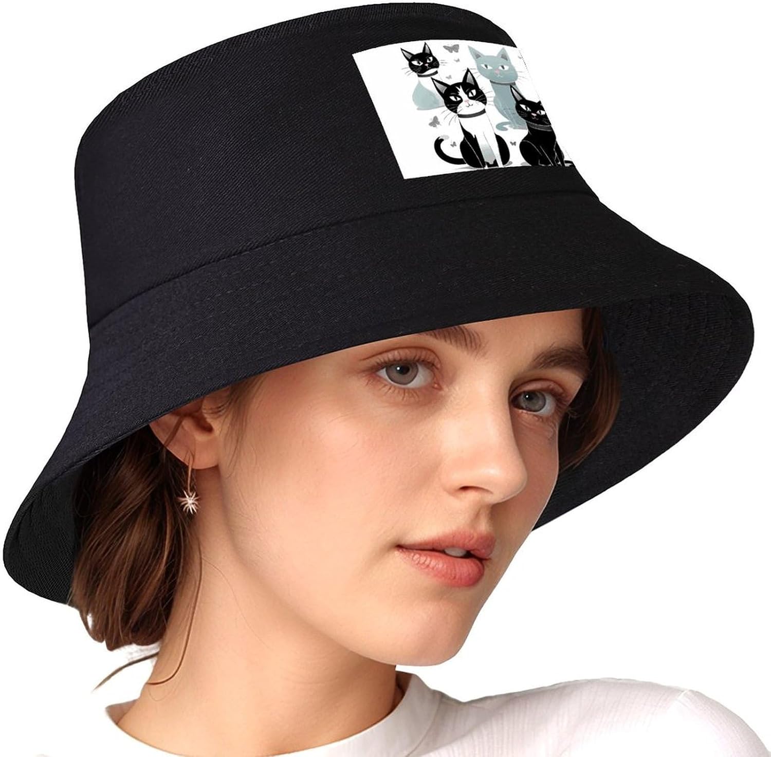 Black and White Cats Bucket Hat for Men Women, Foldable Wide Brim Sun Hats Outdoor Beach Hats Fashion Fishing Hat