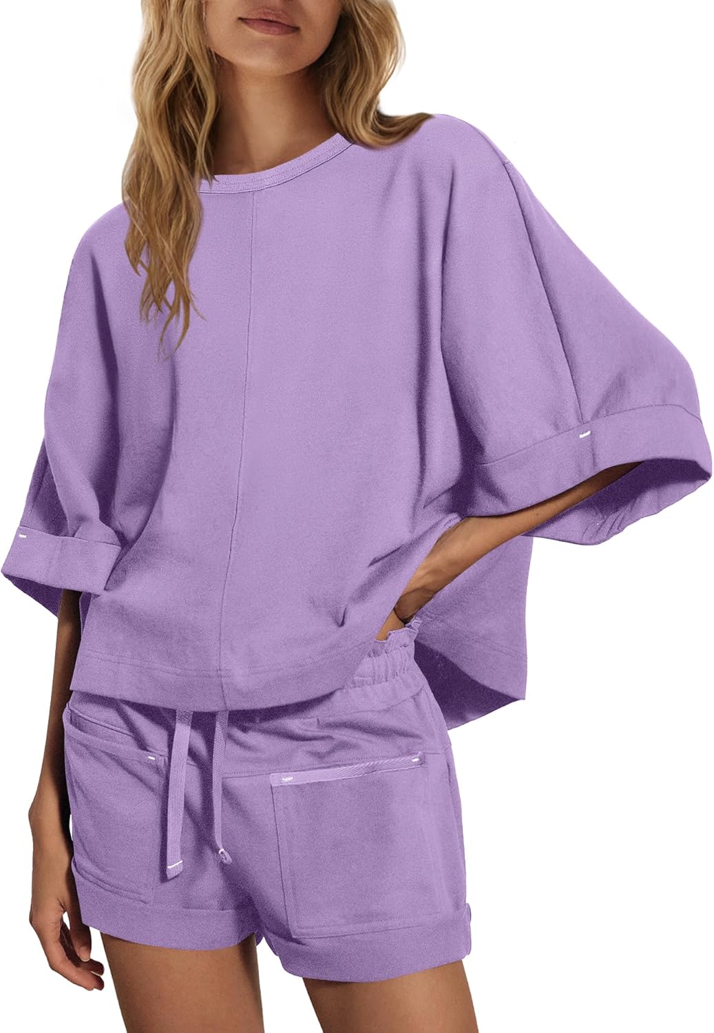 ReachMe Womens 2 Piece Lounge Short Set Oversized Half Sleeve Tops and Summer High Waisted Shorts with Pockets