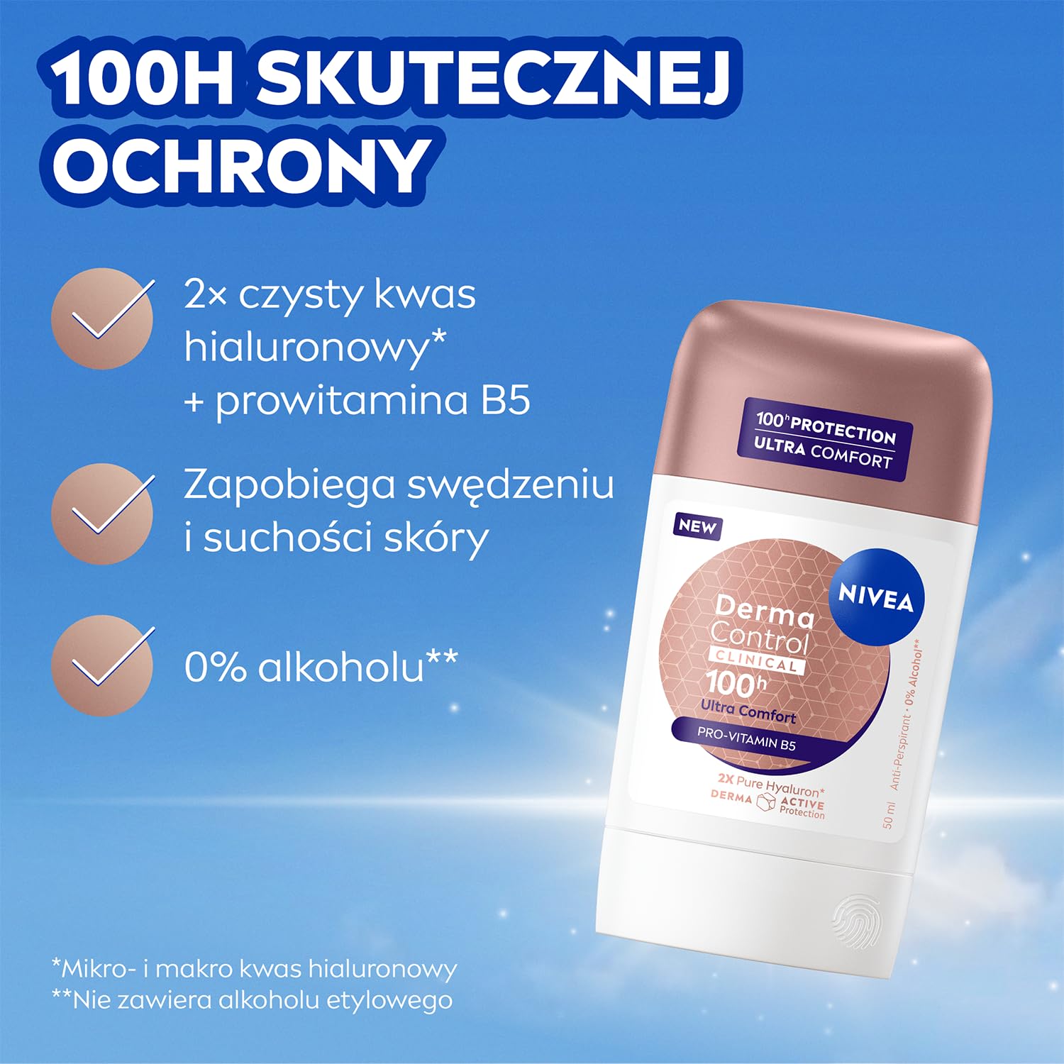 NIVEA Derma Control Clinical Ultra Comfort Antyperspirant w sztyfcie – 100h ochrony, kwas hialuronowy, pantenol (B5), ochrona przed podrażnieniami 50 ml
