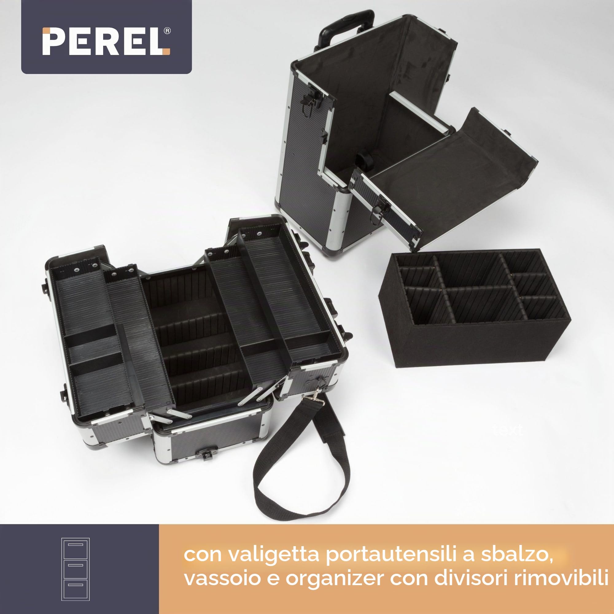 Perel Valigetta portautensili con ruote in alluminio nera, trolley con manico telescopico, 3 scomparti con organizer e vaschetta interna, chiusura a chiave con 2 chiavi, 370 x 225 x 670 mm, 66,9 l