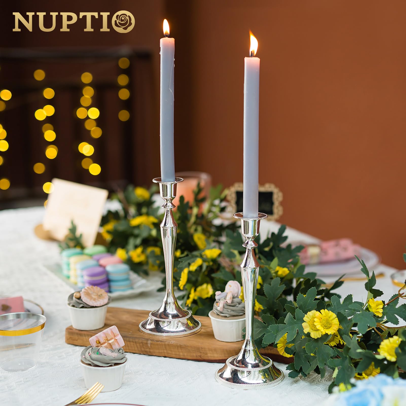 Nuptio Portacandele per Candele 2 Pezzi Argento Candela Bastoni Sta 24.5cm Alto Cono Portacandela per Matrimonio Festa di Compleanno Tavolo Centerpieces Camino Decorazione di Natale