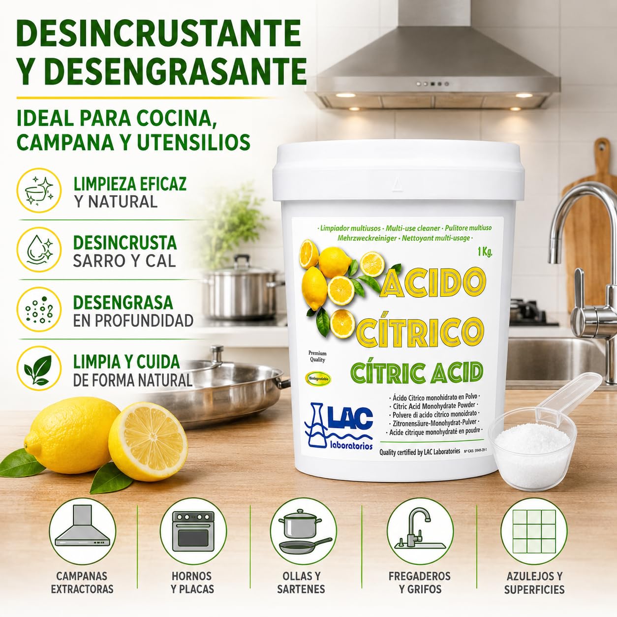 Ácido Cítrico anhidro natural 100% puro 1 kg laboratorios LAC