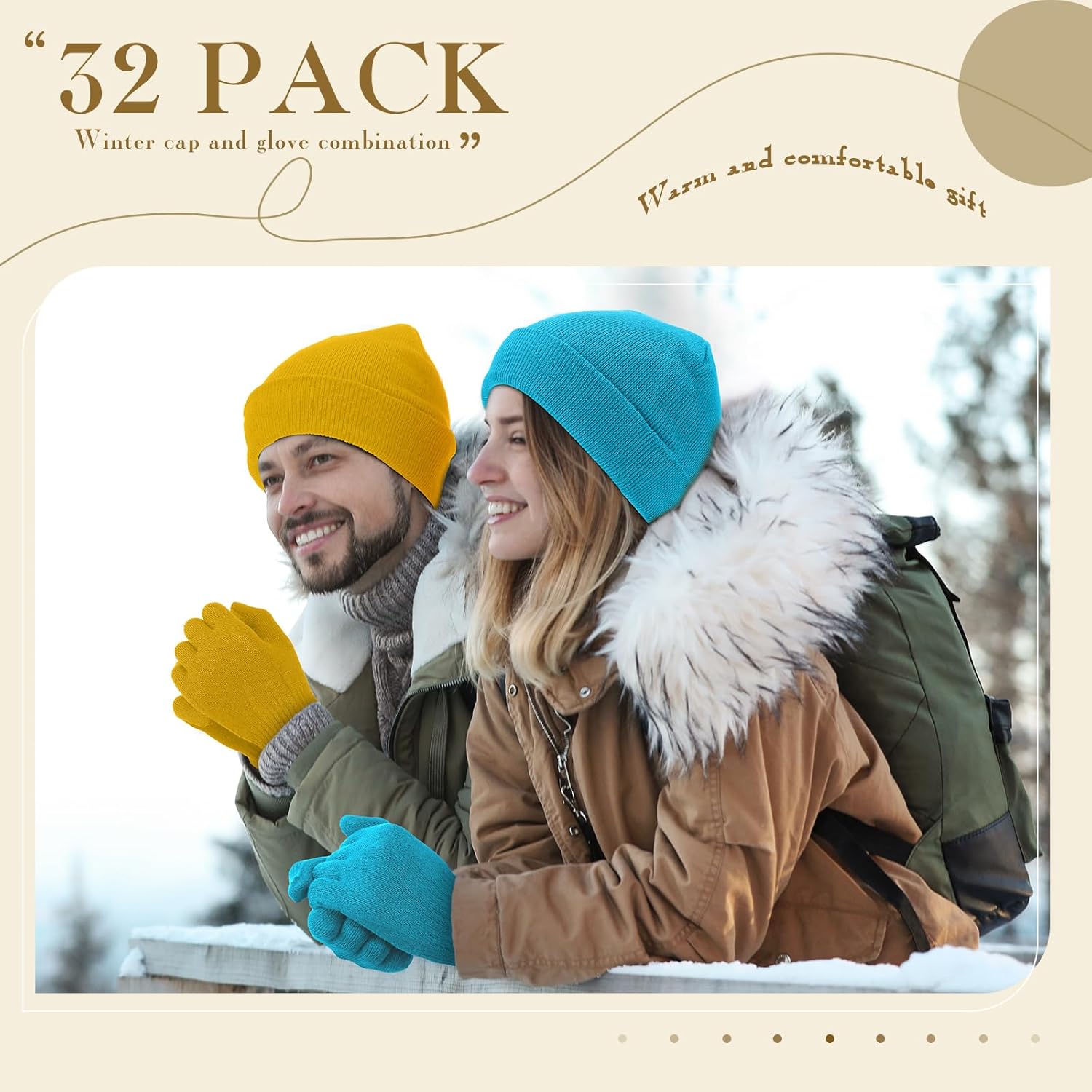Handepo 64 Pcs Warm Glove Hat Bulk Windproof Cap Gloves Set Winter Beanies Gloves Pack for Men and Women