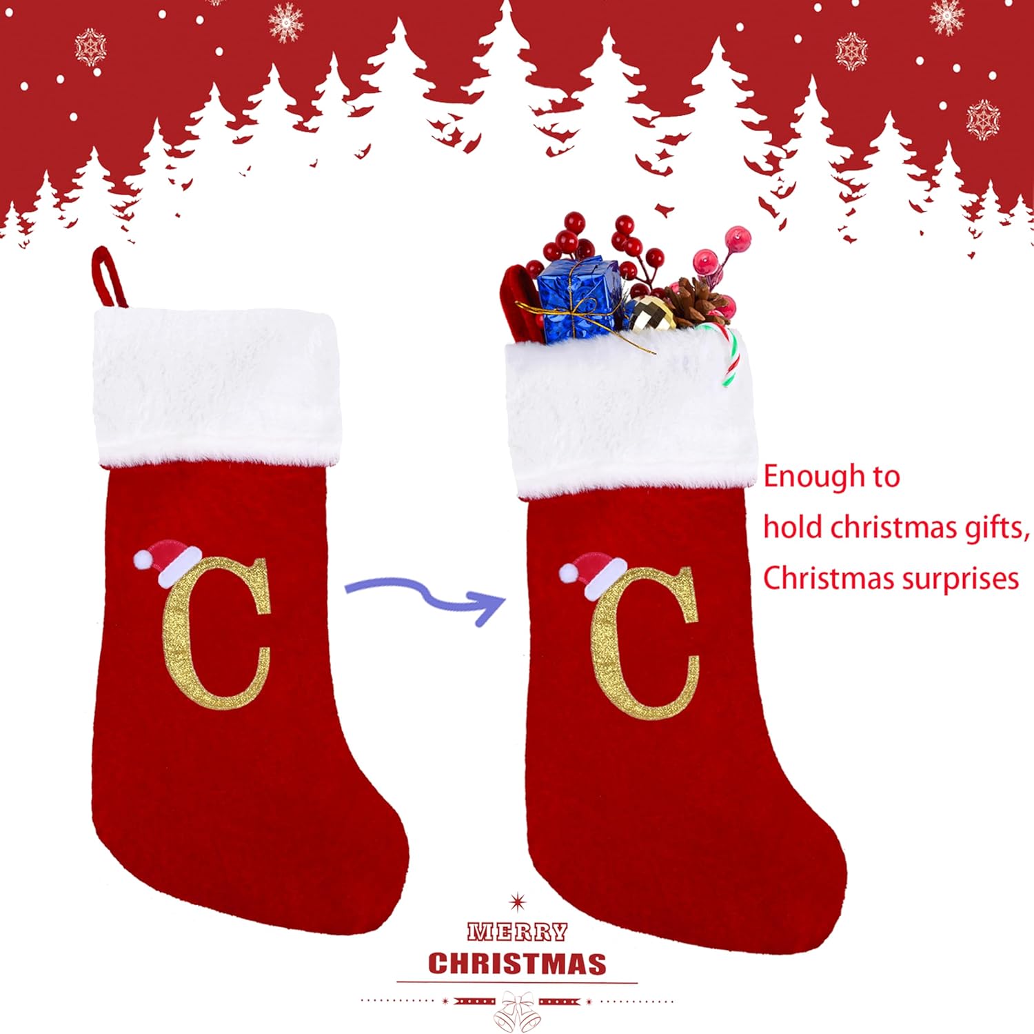 20 Inches Monogram Christmas Stockings with Letters Large Super Soft Christmas Stockings, Red Velvet with White Plush Cuff Embroidered Xmas Stocking for Christmas Family Decor Letter C - Image 3