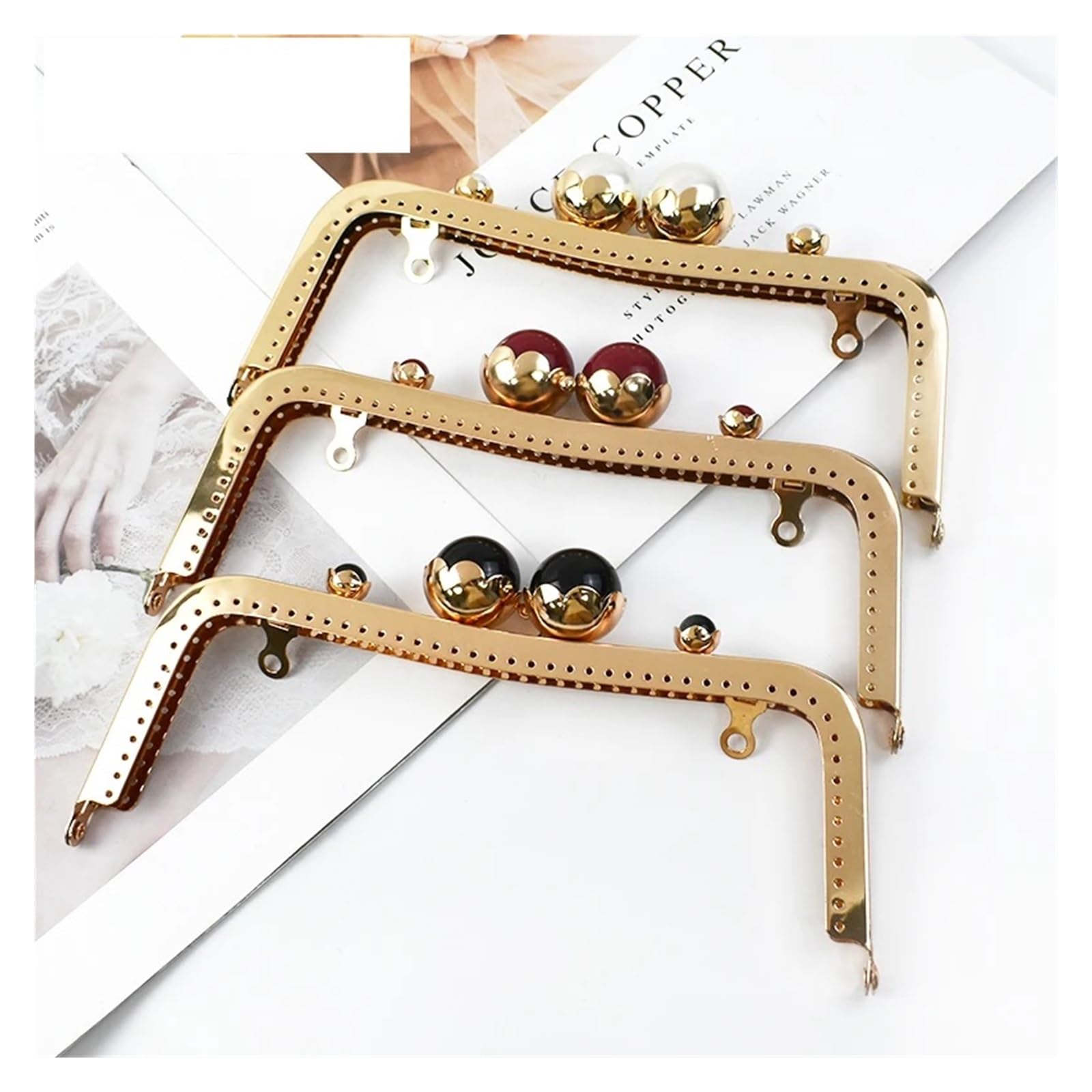 Clutch-Taschenverschluss, 20 cm, Metall-Taschengriff, Retro-Perle, Kussverschluss, Schnalle, Geldbörsenrahmen, DIY, Nähen, Handtaschenhalterungen, Hardware-Zubehör (BS789-RedBrass, 3 Stück)
