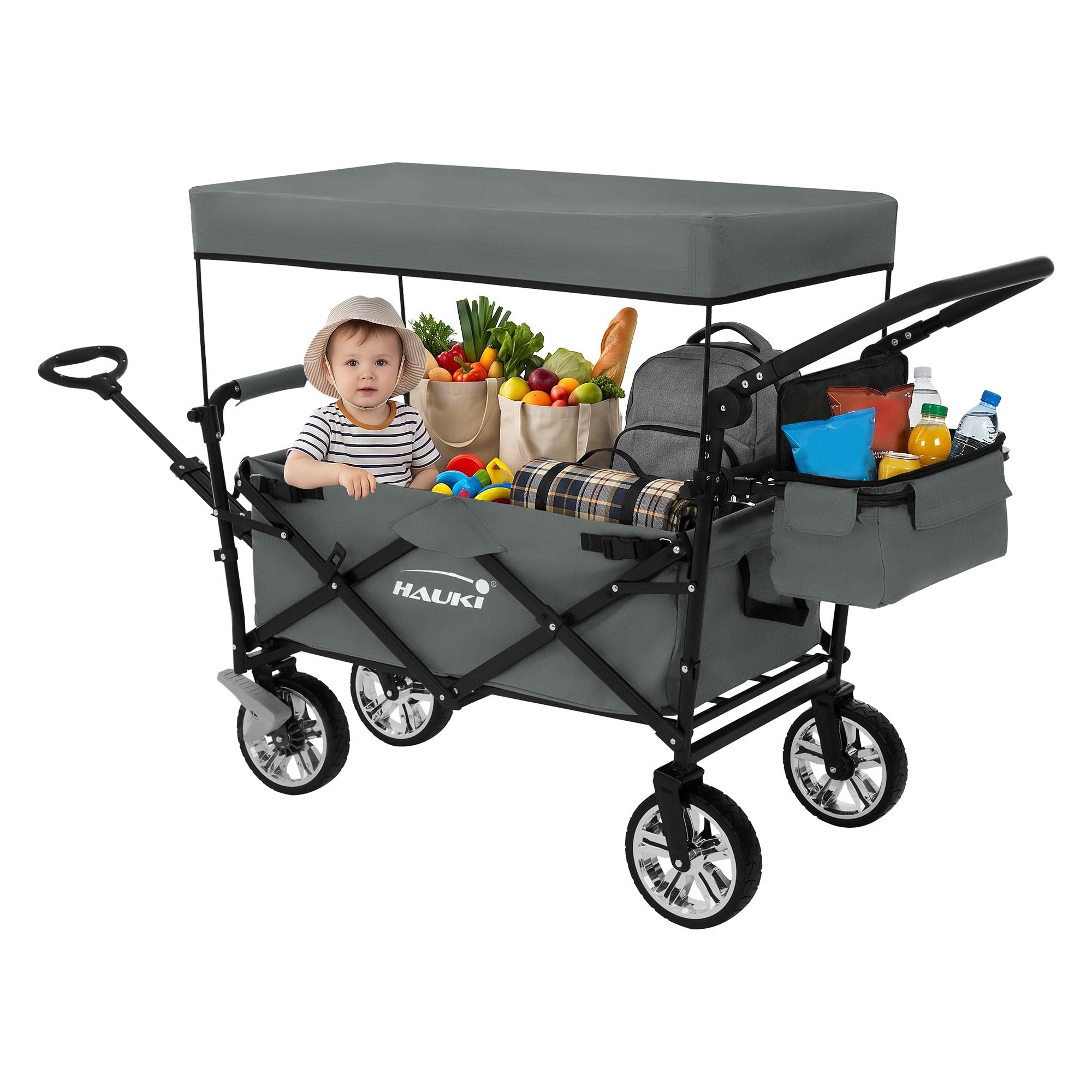 Hauki Chariot de Transport Pliable à Main avec Toit, Gris, Poussette de Plage Jardin avec Sac et Siège à 2 Places, Roulette avec Freins, Pivotante à 360°, Charge Max. 120 kg, pour Enfants/Outils