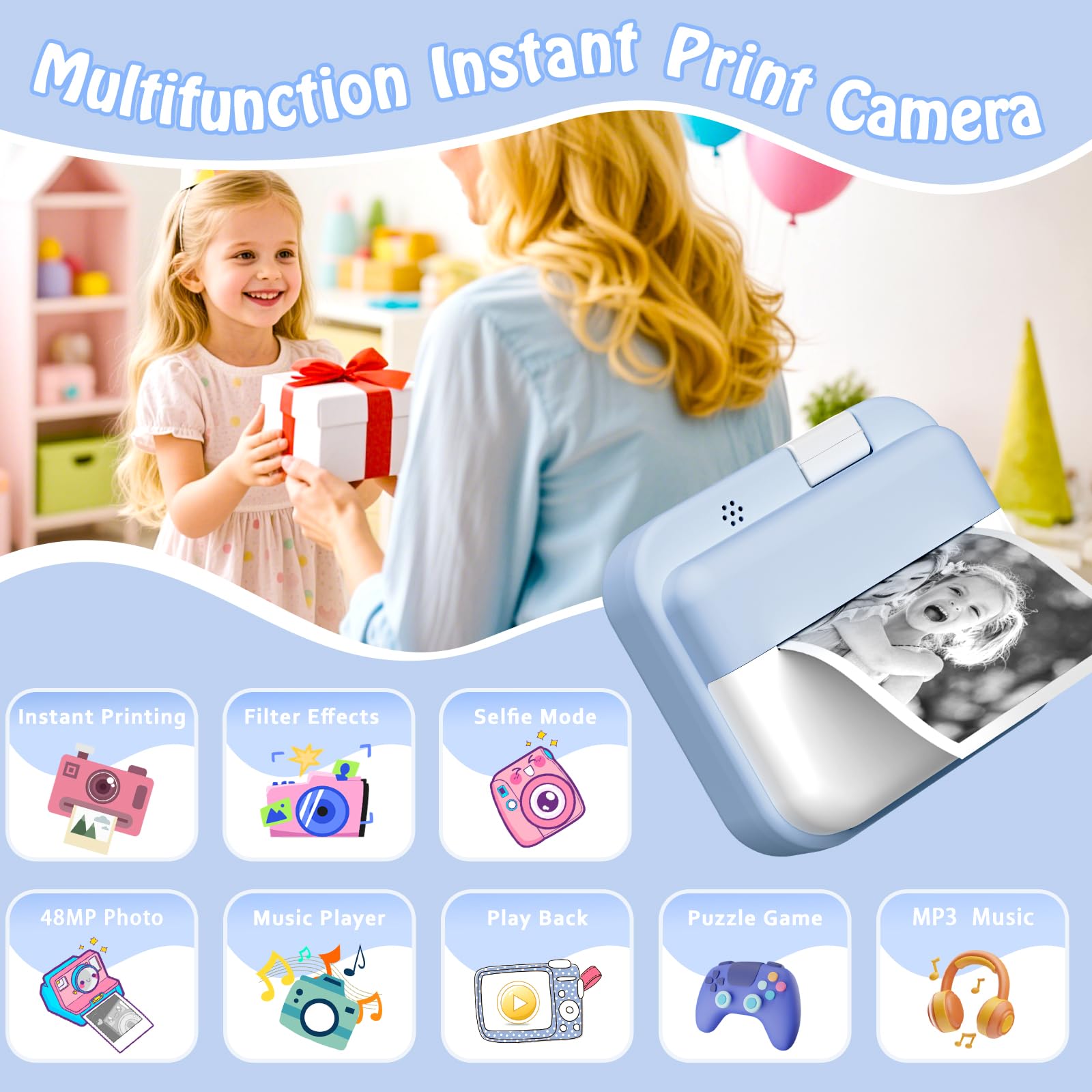 Cámara de Fotos Instantánea, Pantalla HD de 2.0 Pulgadas y 48 MP | 1080P cámara de Fotos Infantil, Tarjeta de 32 GB y 3 Rollos de Papel de Impresión, Ideal para Niños de 3 a 12 Años