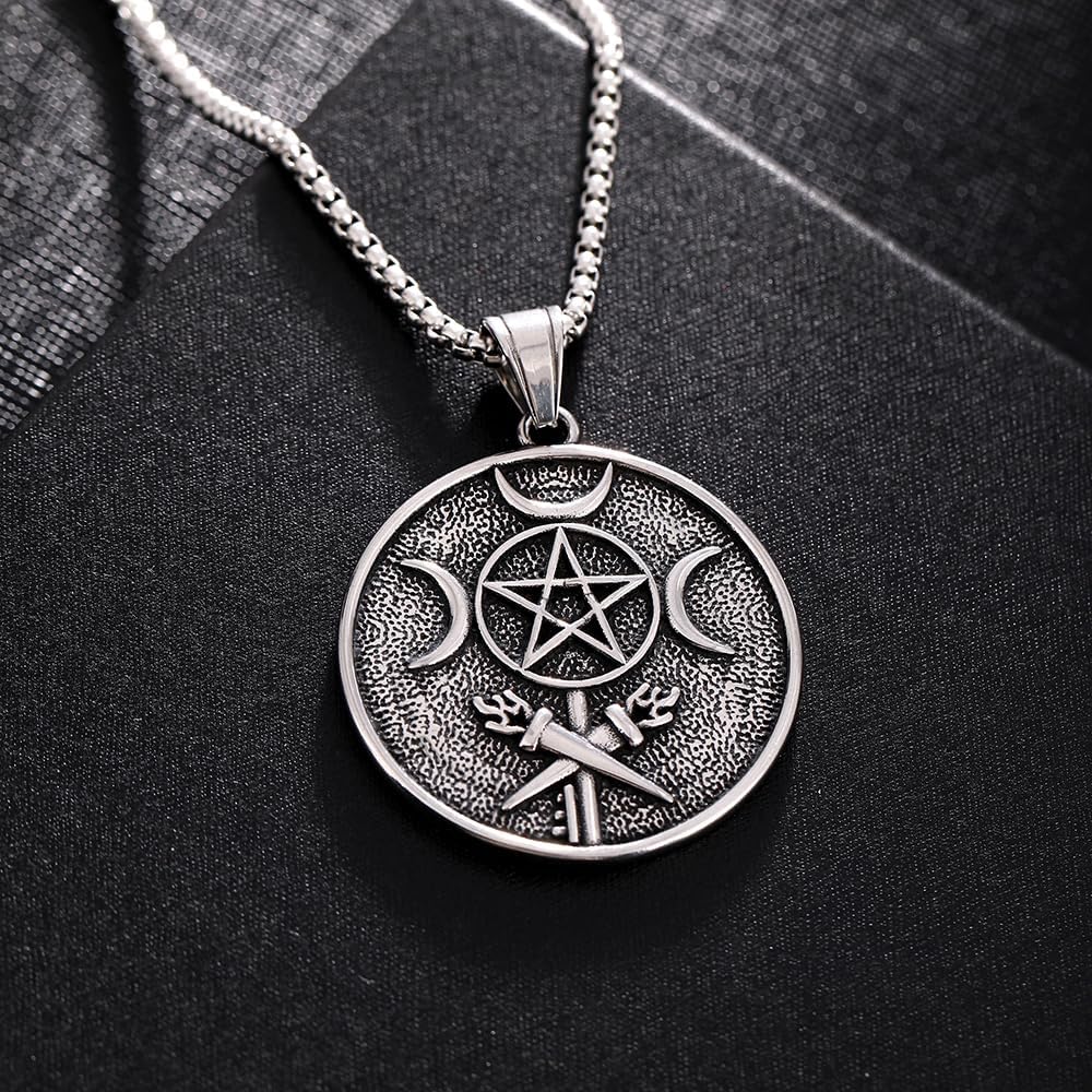 YWMAN Hecate Necklace for Women Men, Triple Moon Goddess & Hekate Wheel Pendant, Mystical Stainless Steel Jewelry for Witchcraft, Wiccan Gifts, Spiritual Protection & Magic - Image 3