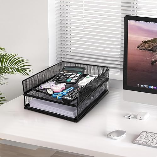 Miniatura 7 de YOUEON Paquete de 2 bandejas de malla de alambre de 12.8 x 10 x 2.9 pulgadas, organizador de bandejas de papel apilables para escritorio, soporte de