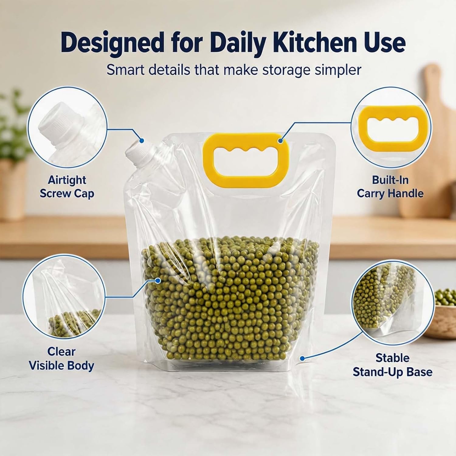 5PS Large-Caliber Airtight Grain Storage Bags with Handle, Reusable Stand-Up Food Storage Bags, Leak-Proof Storage for Rice & Dry Goods