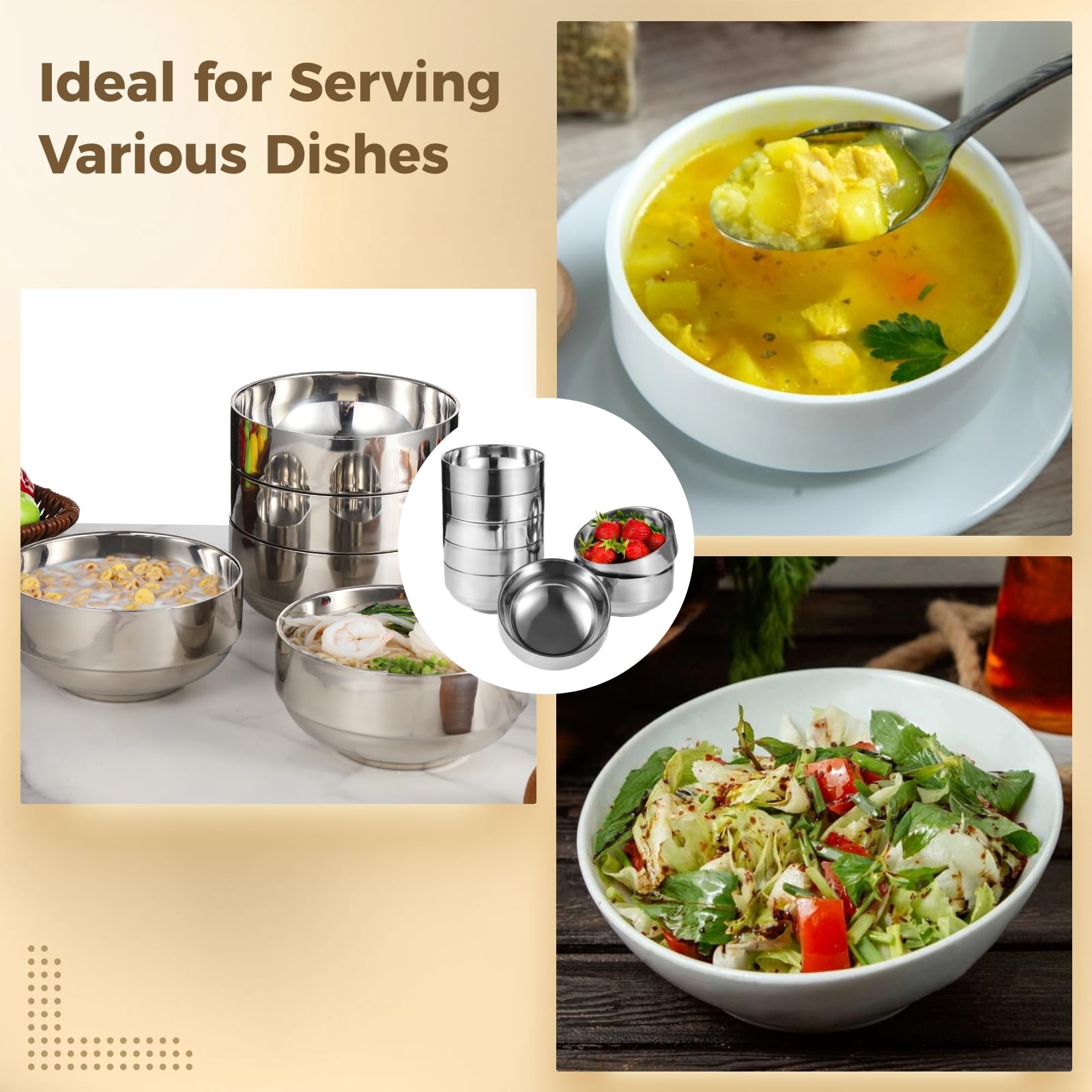8 Stk. Edelstahl-Schalen, doppelwandig isolierte Metallschalen, robuste Schalen für Suppe und Müsli, stapelbar zum Servieren von Speisen, vielseitig für Nudeln, Dessert, Salat und Vorspeisen