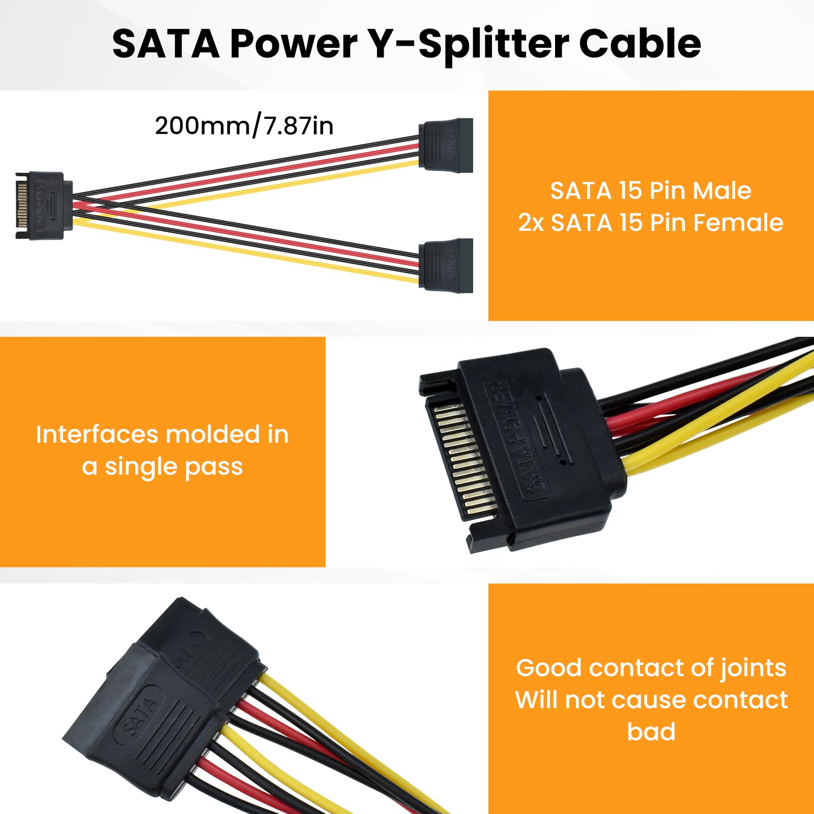 Cable divisor de alimentación SATA de 6 piezas y kit de cable de datos SATA III con conector recto y SATA3 de 90 grados, adaptador divisor de potencia de 15 pines/4 pines macho a hembra de 15 5
