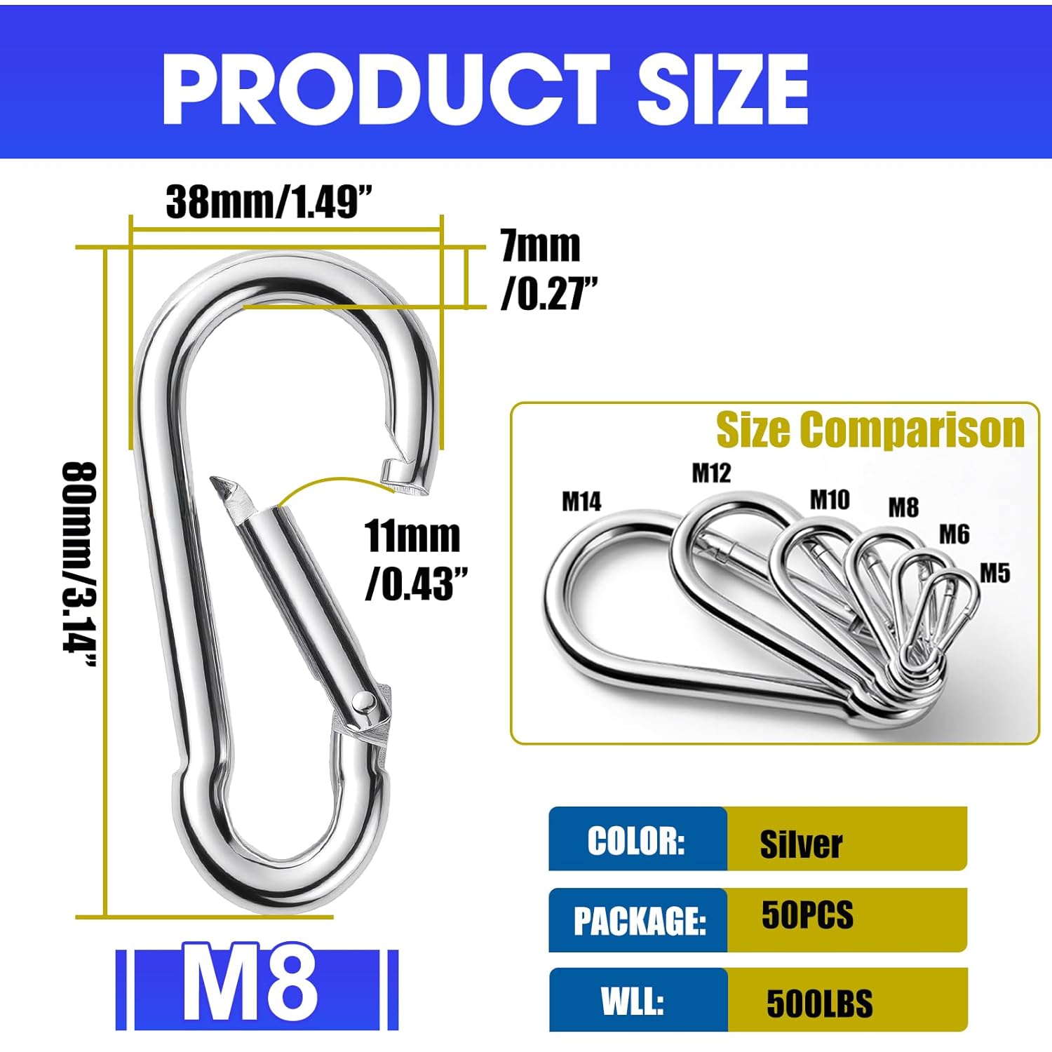 50Pack Heavy Duty Carabiners M8 5/16" Spring Snap 3Inch Zinc-Galvanized Steel Carabiner Clips Chain Quick Links Safety Connector for Hammock Swing Fitness Gym Outdoor Supplies Boating - Image 2