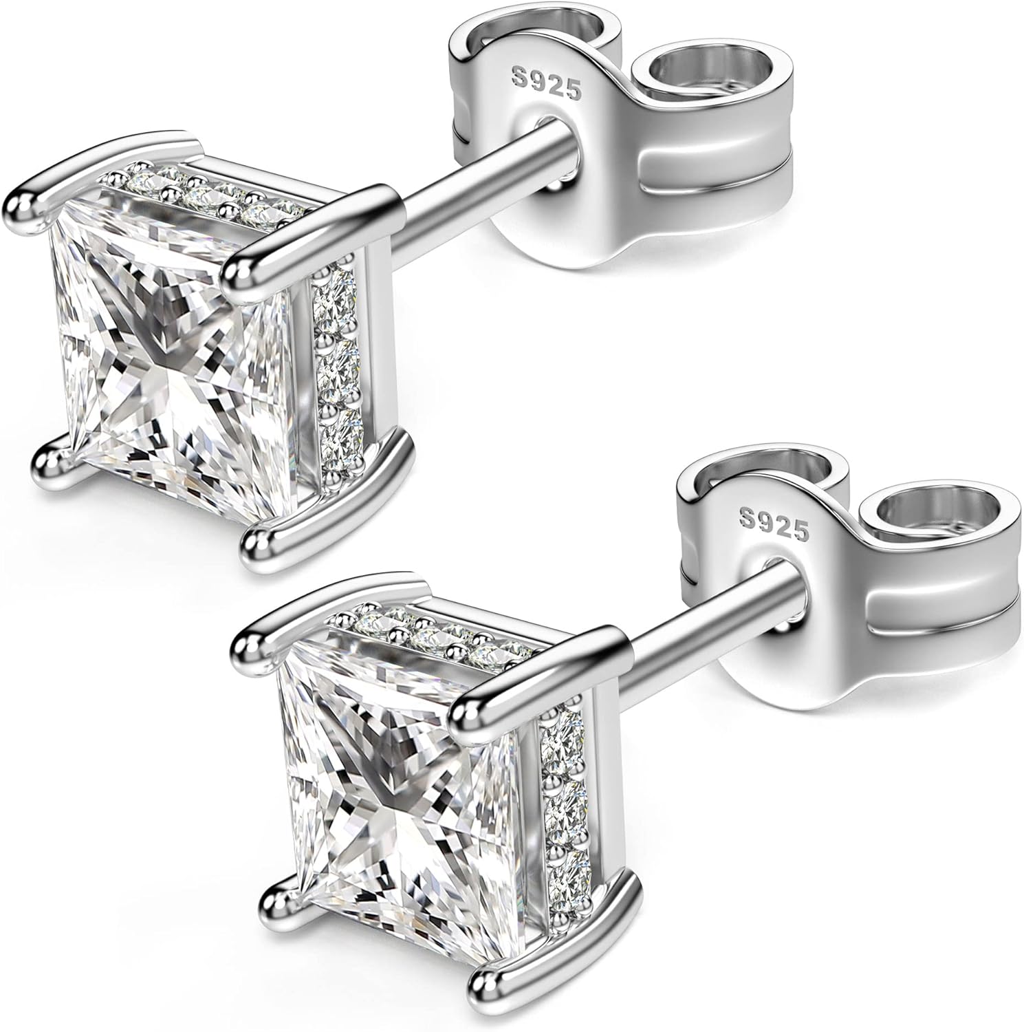 18K White Gold Plated Sterling Silver Princess Cut Cubic Zirconia Stud Earrings Square Simulated Diamond CZ Stud Earrings for Women Men Hypoallergenic - Image 2