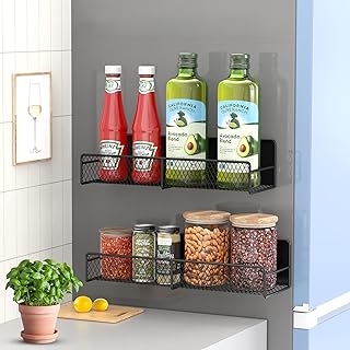 Magnetic Spice Rack for Refrigerator, 2 Pack Magnetic Shelf for Fridge with 4 Hooks, Black Magnetic Shelves, Organization and Storage Kitchen, Magnet Shelf for Fridge, Cabinet Organization