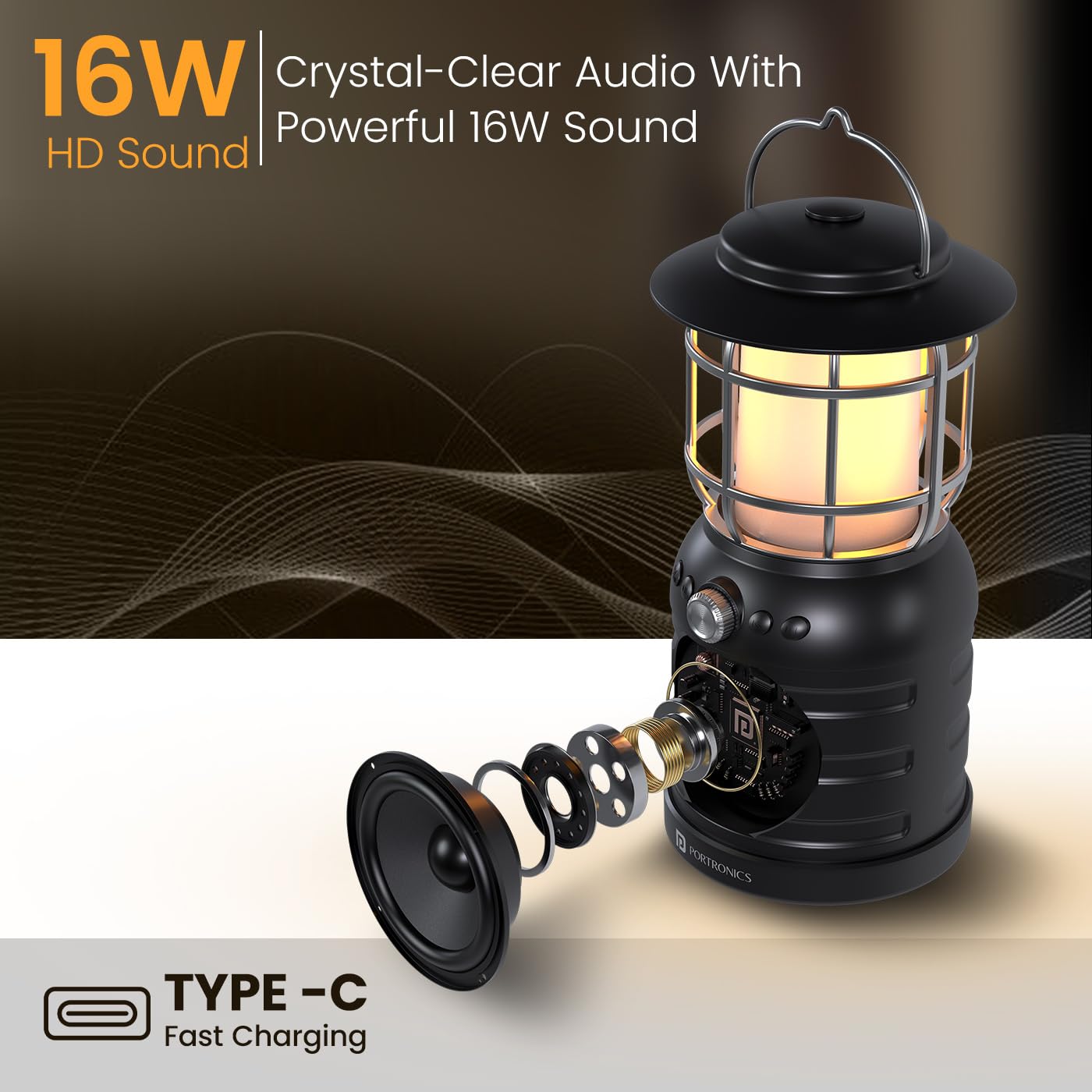 Portronics ilumi II speaker with Type-C charging port highlighted.