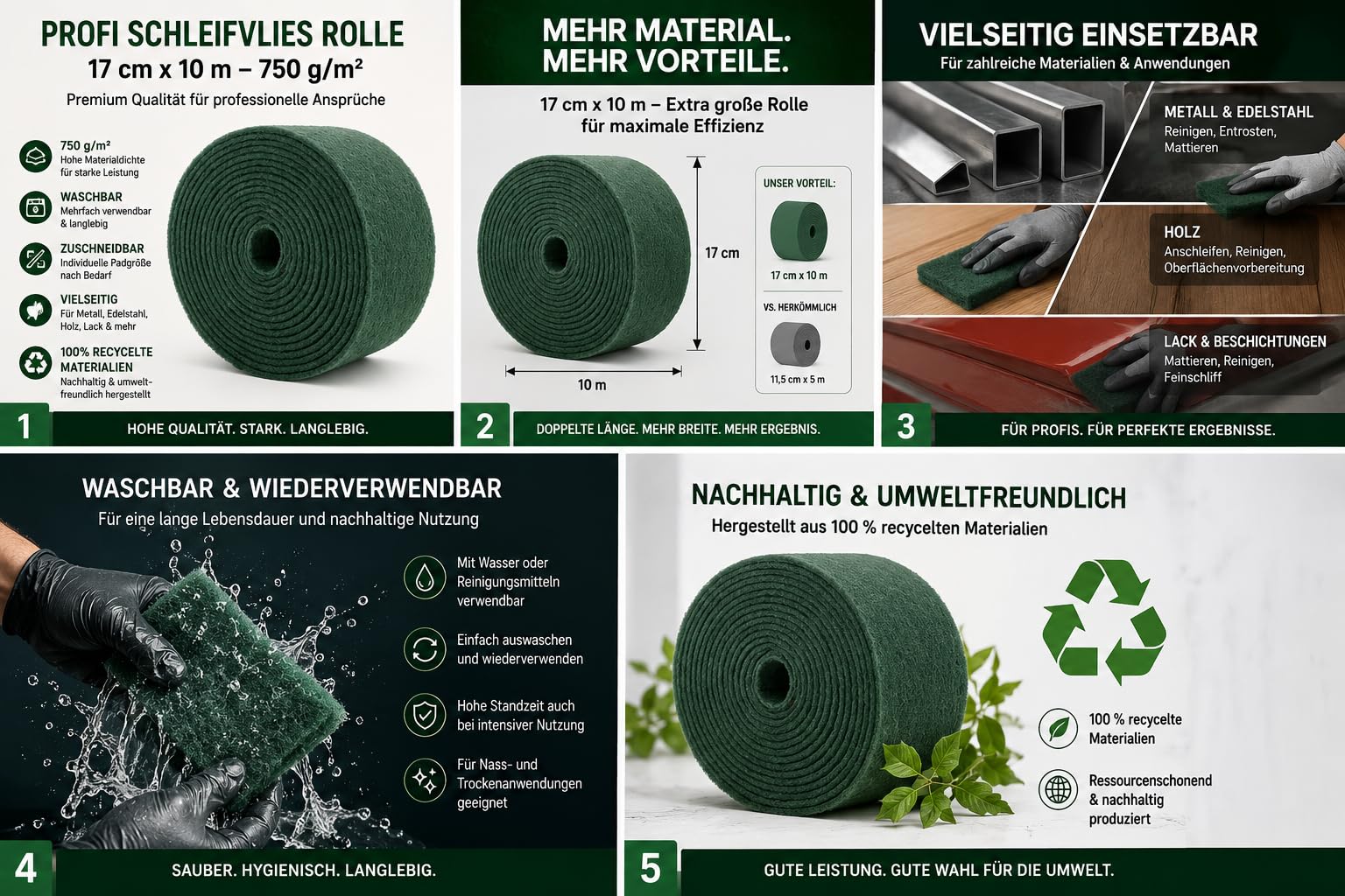 Schleifvlies Rolle Grün dünn 17 cm x 10 m – 750 g/m² Reinigungsvlies für Edelstahl, Metall, Holz & Lack – Waschbares Profi Schleifpad zum Mattieren, Reinigen & Finish