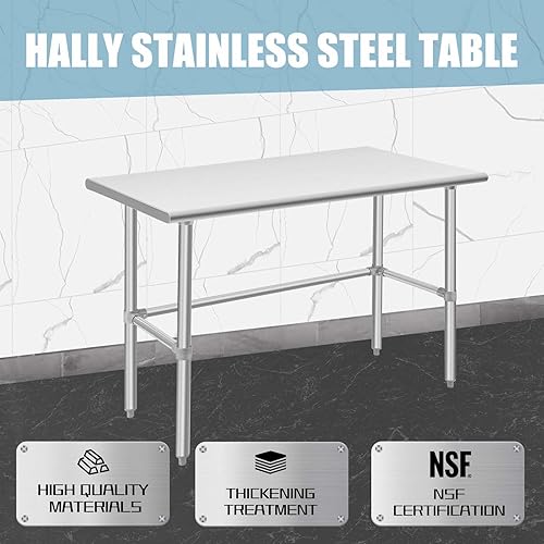 Miniatura 5 de Hally - Mesa de acero inoxidable de base abierta de 24 x 48 pulgadas, mesa de trabajo y preparación comercial resistente NSF con patas galvanizadas