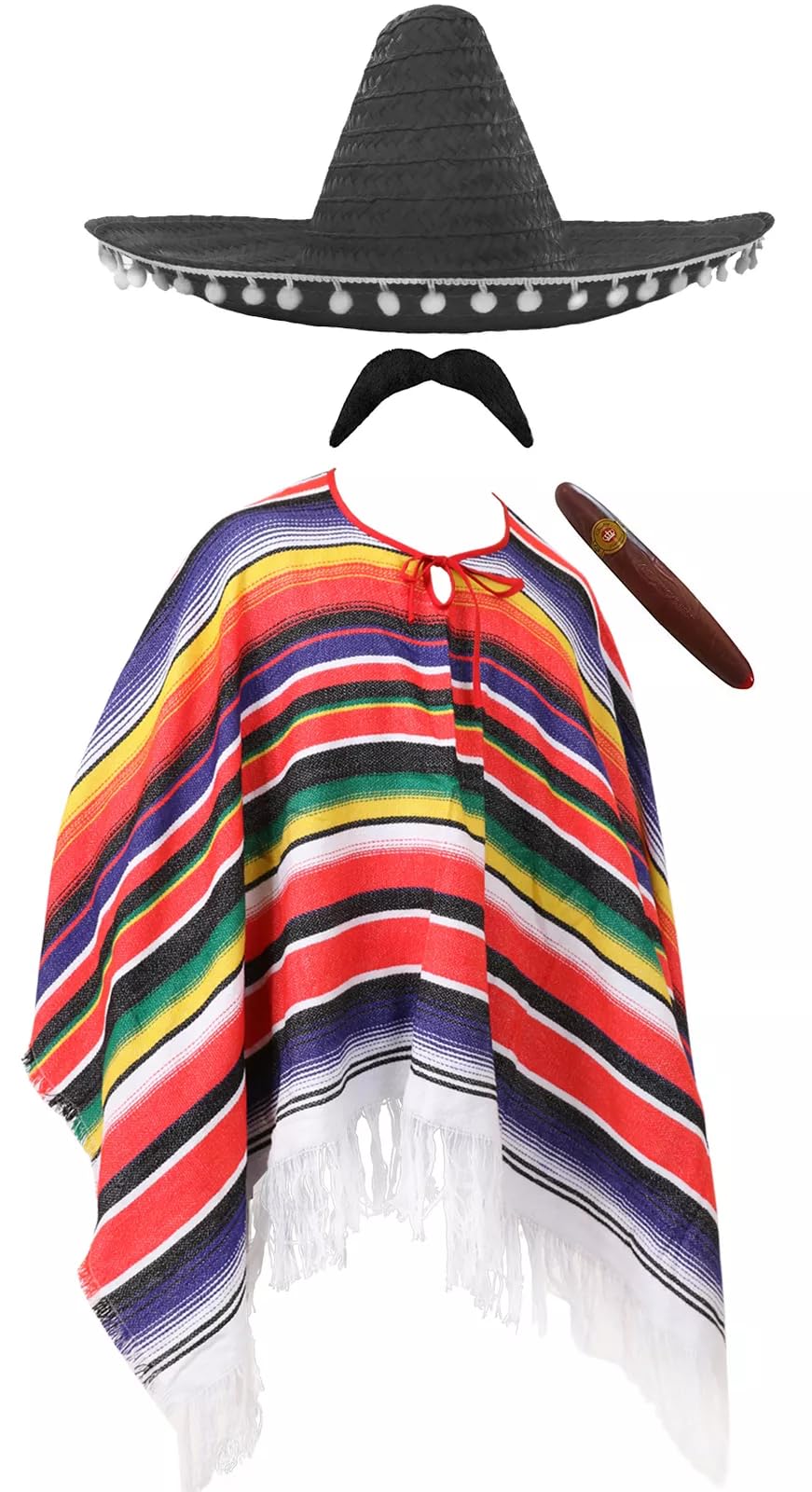 Adults Mexican Costume - Multicoloured Poncho with Tasselled Edges, Black Sombrero, Fake Cigar, Fake Moustache - Mens Ladies Mexico Cinco de Mayo Fancy Dress Costume