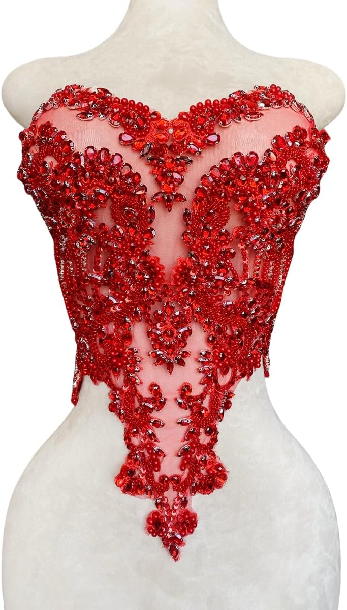 Handmade red Rhinestones Bodice lace Applique Hand Sewing Beaded Sequins Trim Patches for Dress Clothes Skirts Multiple Design Styles Accessories (B)
