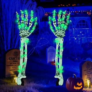Halloween Decorations Outdoor Lighted Skeleton Arm Stakes Hands 50 LED Green Lights Battery Operated with Timer & Flashing, Scary Hands Bone Waterproof 2 Pack, Halloween Cemetery Yard Decor