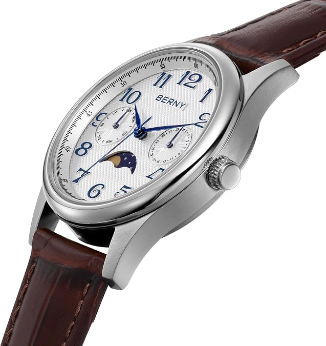 BERNY Silver Watch for Women Moon Phase Watches Ladies Quartz Wristwatch Easy Read Arabic Numerals Dial Multi-Function Analog Watches Stainless Steel Case Sub-dial with Date Day Calendar