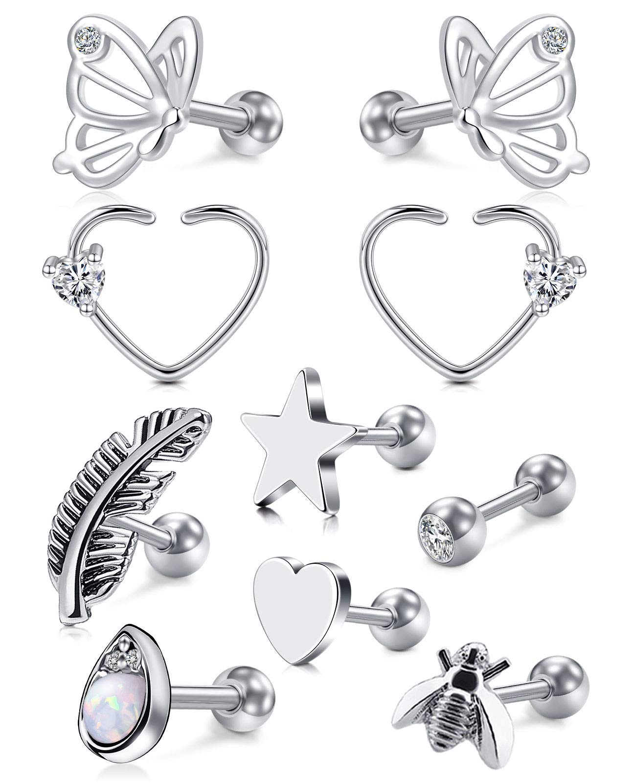 Funseedrr10pcs Piercing Tragus Helix Pendientes Pernos Acero Quirúrgico 16G 6mm 8mm Cartílago Barras Daith Conch Rook Aros Anillo Oreja Piercing Joyas