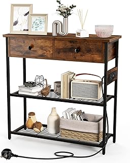 COSTWAY Console Table with Charging Station, Industrial Narrow Entryway Table Sofa Side Table with 2 Drawers & Open Storage Shelves, Metal Frame Slim Couch Accent Table for Hallway Foyer Living Room