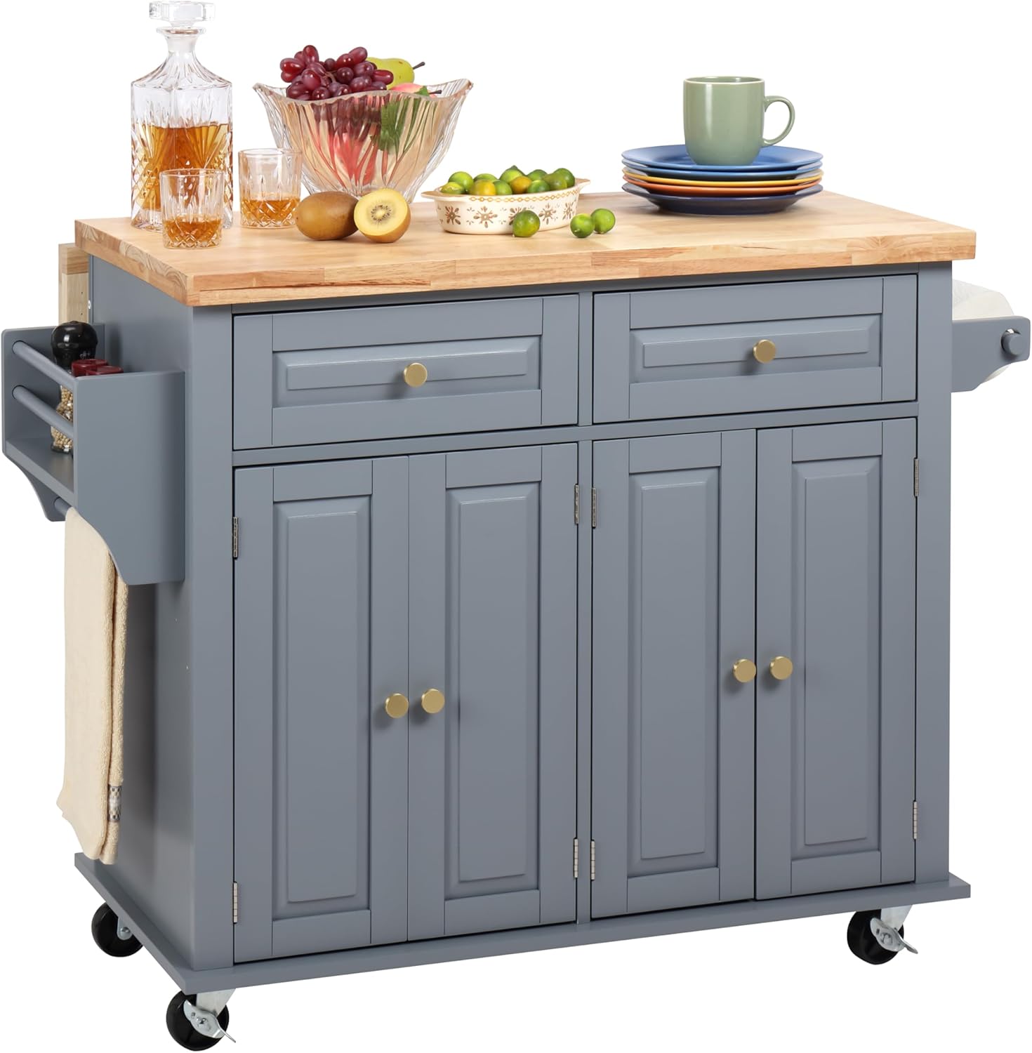Finnhomy Rolling Kitchen Island With Drop Leaf, Thicken Rubberwood Top, Spice Rack, Towel Rack, Drawer, 43.3" Portable Mobile Kitchen Island Carts Table, Storage Cabinet, Both Wheels and Feet Included