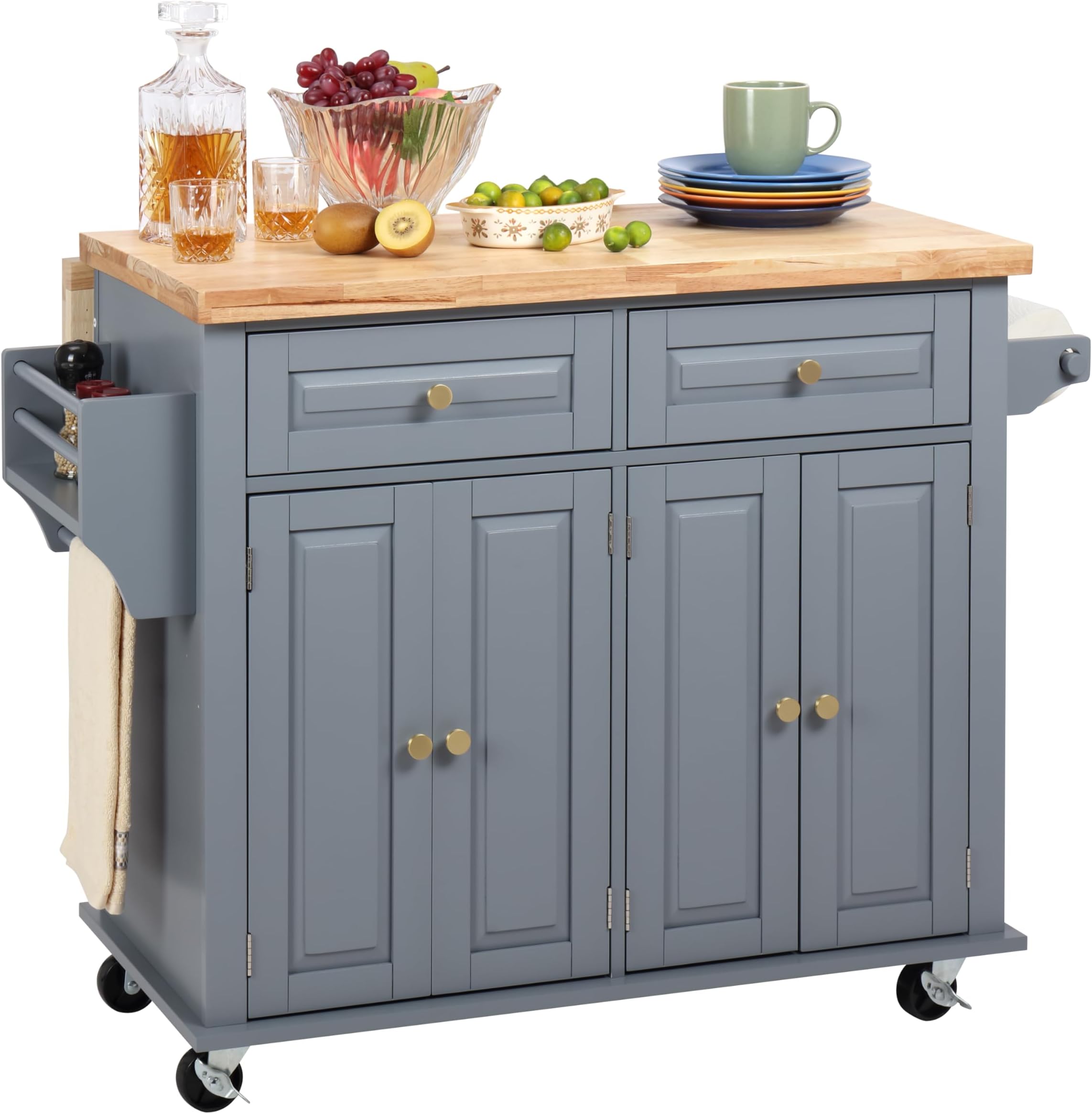 Finnhomy Rolling Kitchen Island With Drop Leaf, Thicken Rubberwood Top, Spice Rack, Towel Rack, Drawer, 43.3" Portable Mobile Kitchen Island Carts Table, Storage Cabinet, Both Wheels and Feet Included