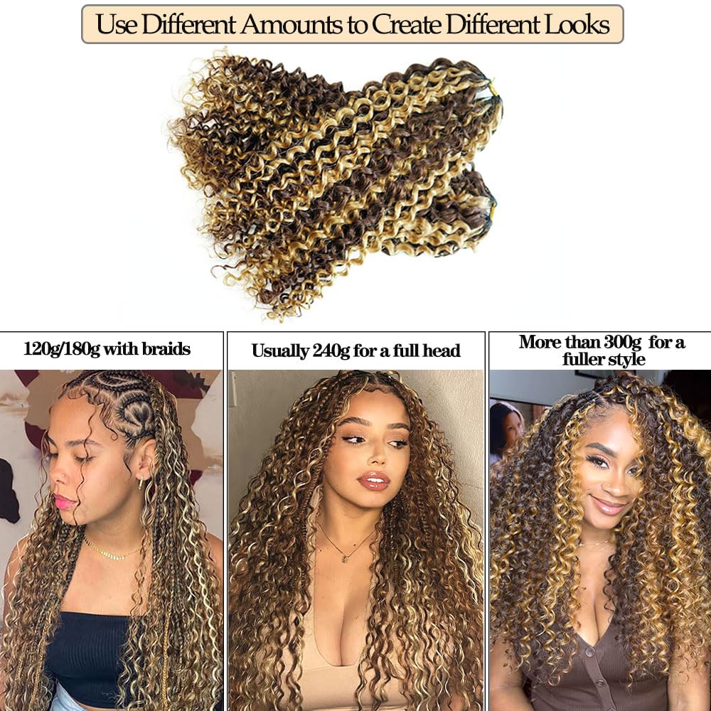 4/27 Pre Separated Invisible Miracle Knots Feather Crochet Human Hair Deep Curly Highlight Blonde and Dark Brown Colored Real Human Hair Extensions Jerry Curly Human Crochet Hair Pre Looped 60g 18inch