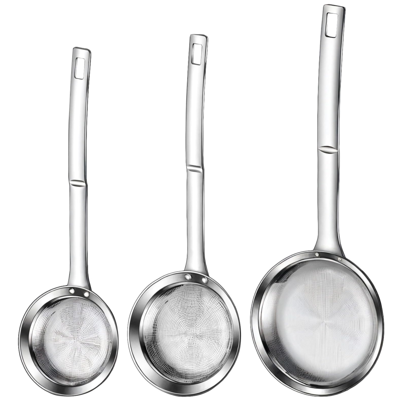 3 Stk. Feinmaschige Küchensiebe aus Edelstahl, Food Strainer zum Trennen von Öl und Schaum im Hot Pot, mit langem Griff, in 8 cm, 9 cm und 11 cm für viele Küchenaufgaben im Alltag