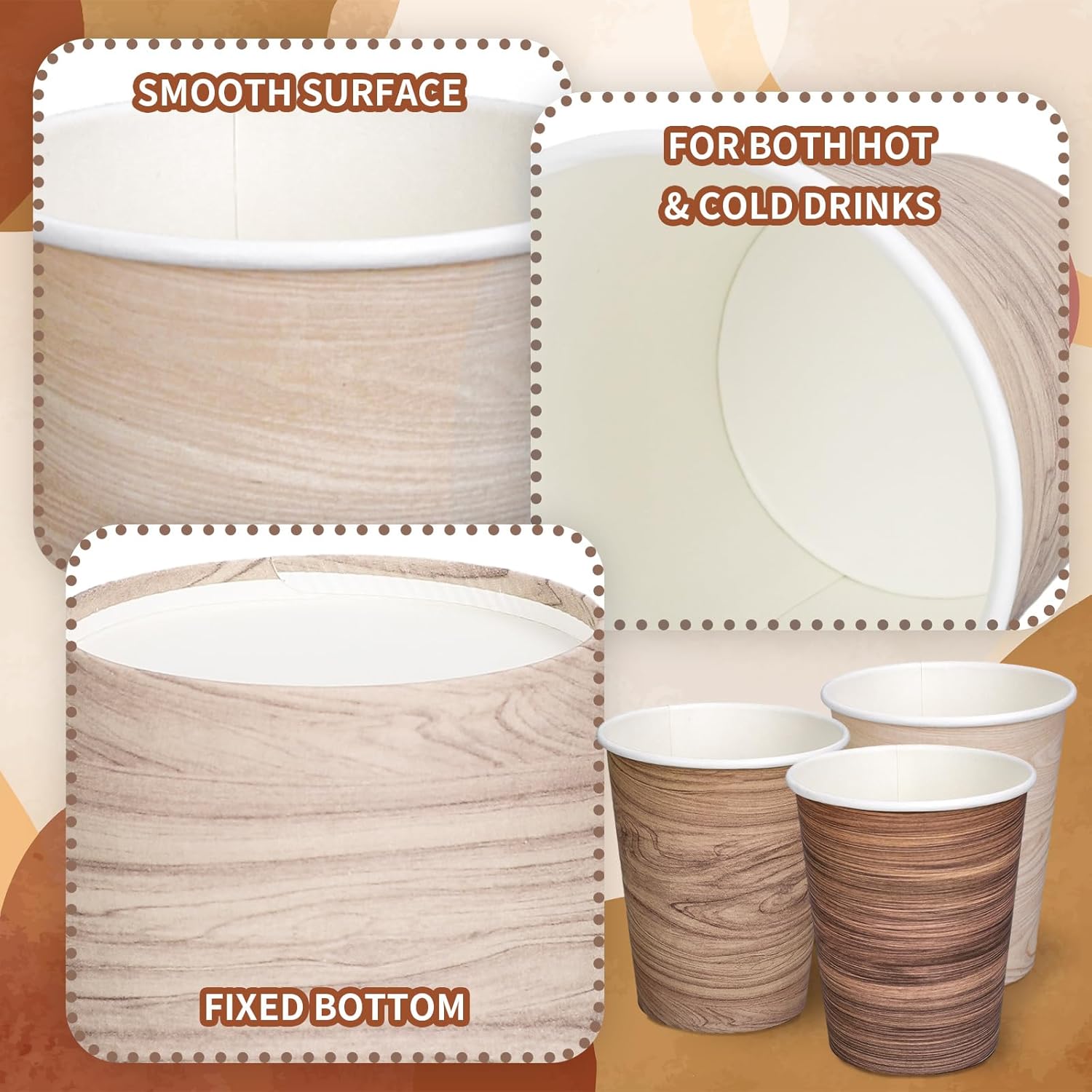 120Pcs 9Oz Disposable Coffee Cups Wood Grain Paper Drinking Cups 3 Styles Rustic Drinking Cups Farmhouse Party Cups for Juice Coffee Hot Cold Drink Birthday Camping Baby Shower - Image 3