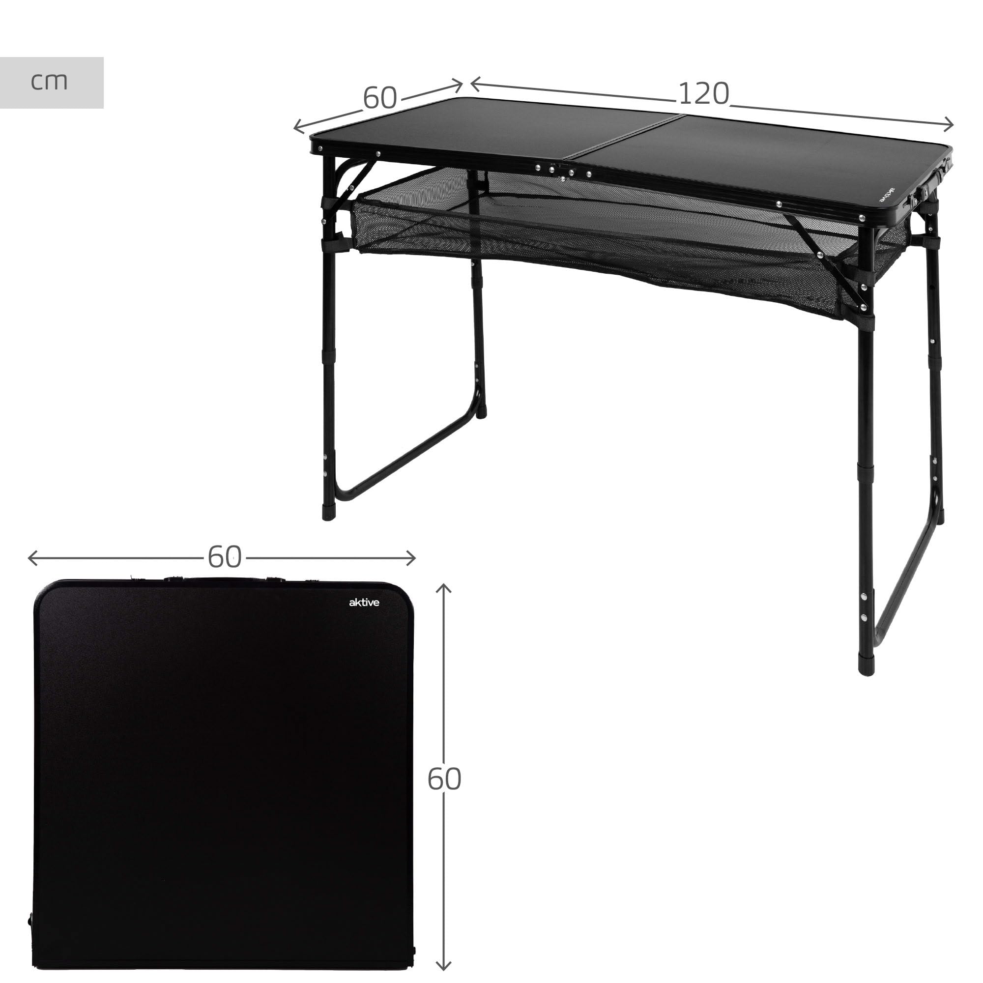 AKTIVE Table Pliante, Noire, 120X60X60, 70 cm, Hauteur Réglable, Butées Antidérapantes, Supporte 30 kg, Poignée de Transport, Comprend Un Filet auxiliaire Amovible, Tables de Camping, Plage