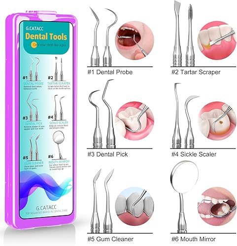 Miniatura 10 de CATACC PRO Herramientas dentales, púa dental, kit de higiene dental, kit de herramientas de limpieza dental de acero inoxidable con raspador de