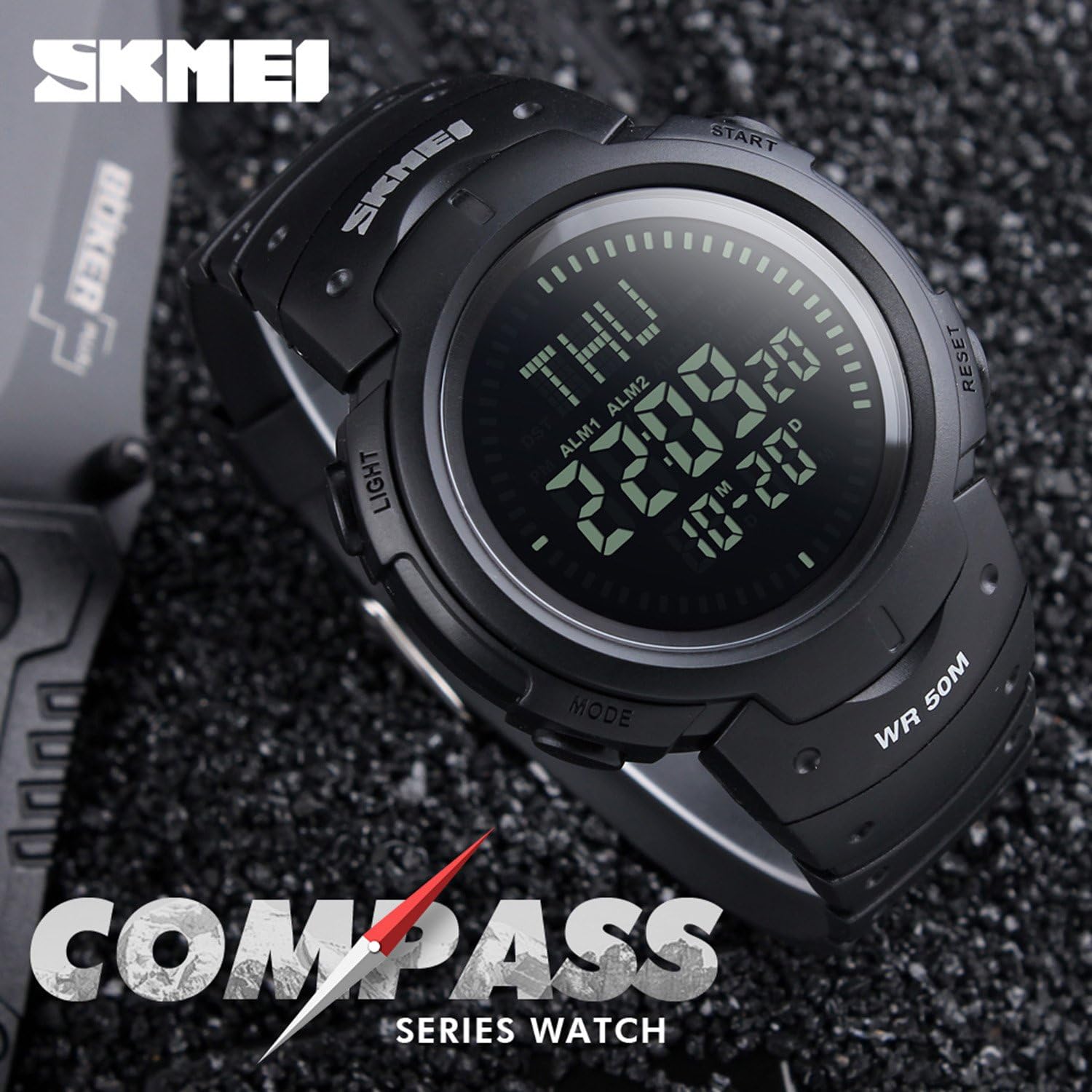 Reloj digital deportivo militar para hombre con brújula de supervivencia, resistente al agua hasta 50 m, cuenta regresiva y 3 alarmas, Negro -, Men's standard, Digital