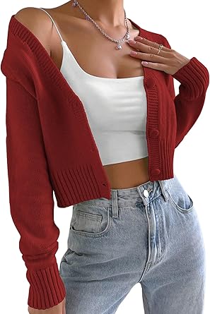 Button Up Cardigan Sweaters for Women Cute Knit V Neck Short Warm Slouchy Fall Cardigans Women Trendy