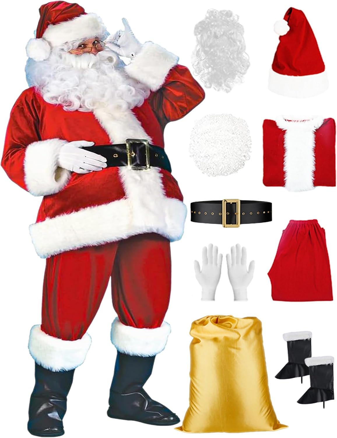 Santa Claus Costume for Men 9 PCS Deluxe Santa Suit with Hat, Christmas Party Costume for Men Adult Santa Outfit