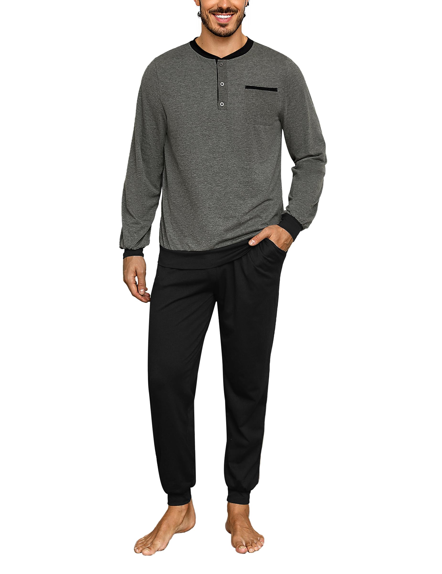 Bresdk Schlafanzug Herren Pyjama Set Lang Baumwolle mit Bündchen Knöpfen Nachtwäsche für Männer