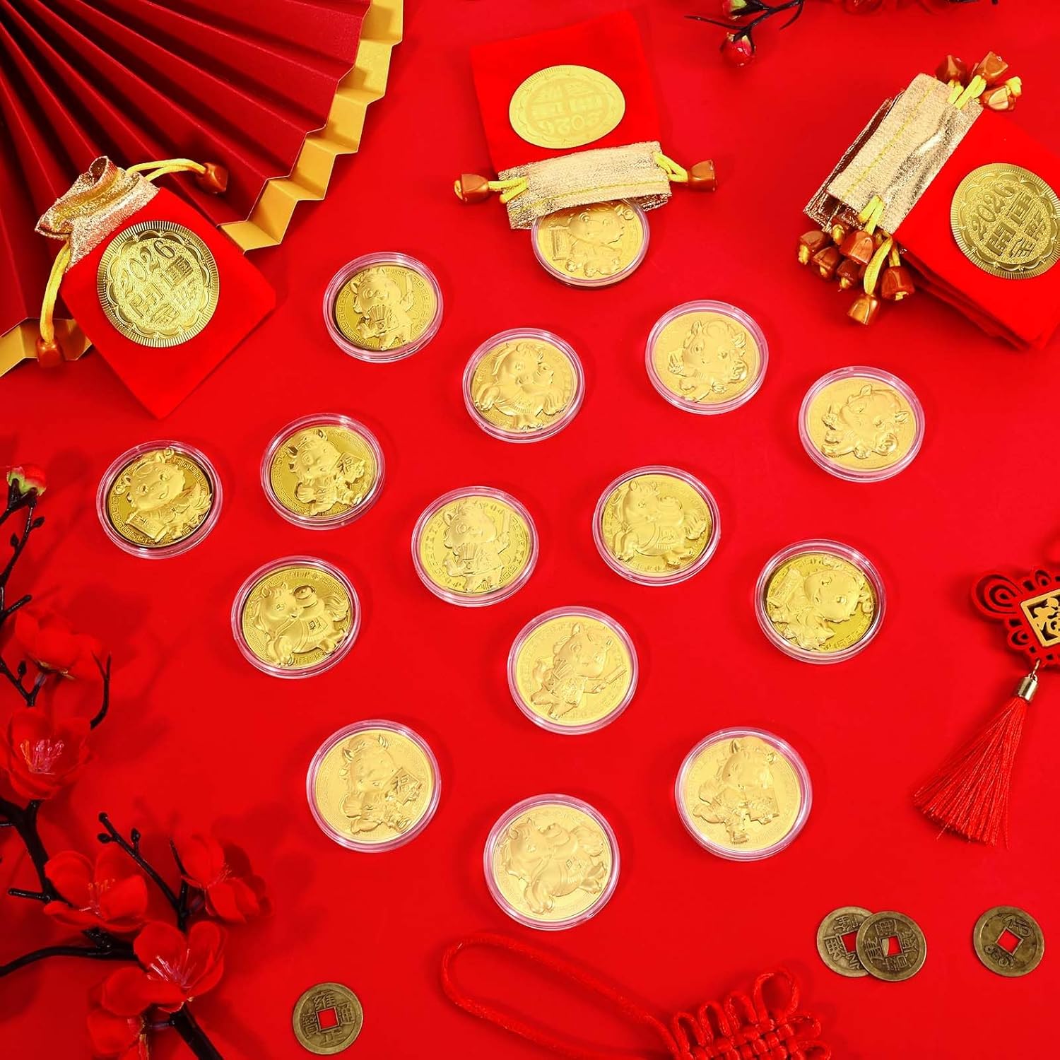 20 Pcs 2026 Chinese New Year Coins Zodiac Horse Souvenir Coin with Chinese Fu Bags for Blessing Health and Wealth Lucky Feng Shui Decorations(Style1)