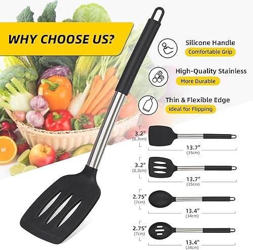 Miniatura 2 de Juego de 4 utensilios de silicona, espátulas sólidas antiadherentes, cucharas ranuradas azules resistentes al calor con mango de acero inoxidable,