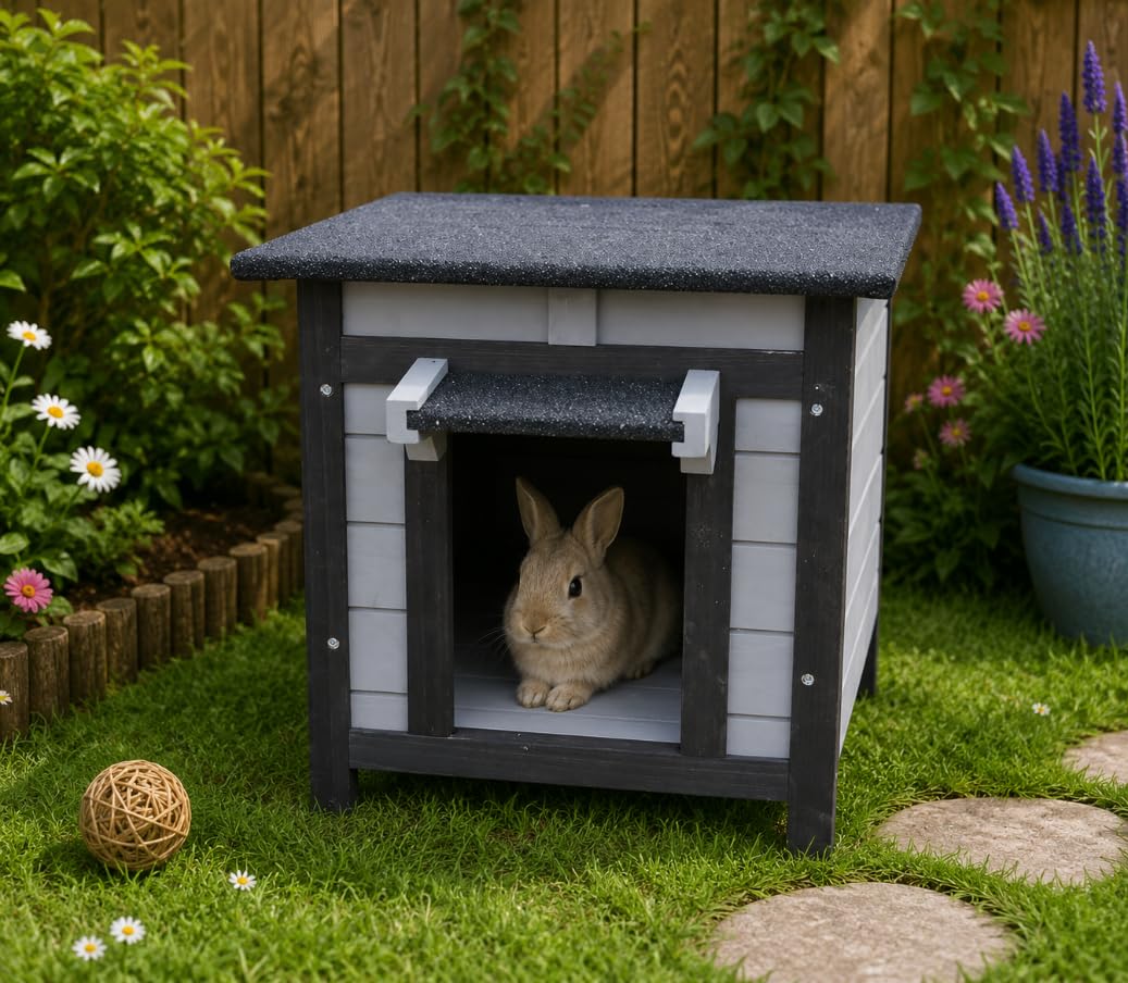 Bunny Business, nascondiglio in Legno per Conigli/porcellini d'India/Gatto, 50 x 42 x 43 cm, Grigio Scuro