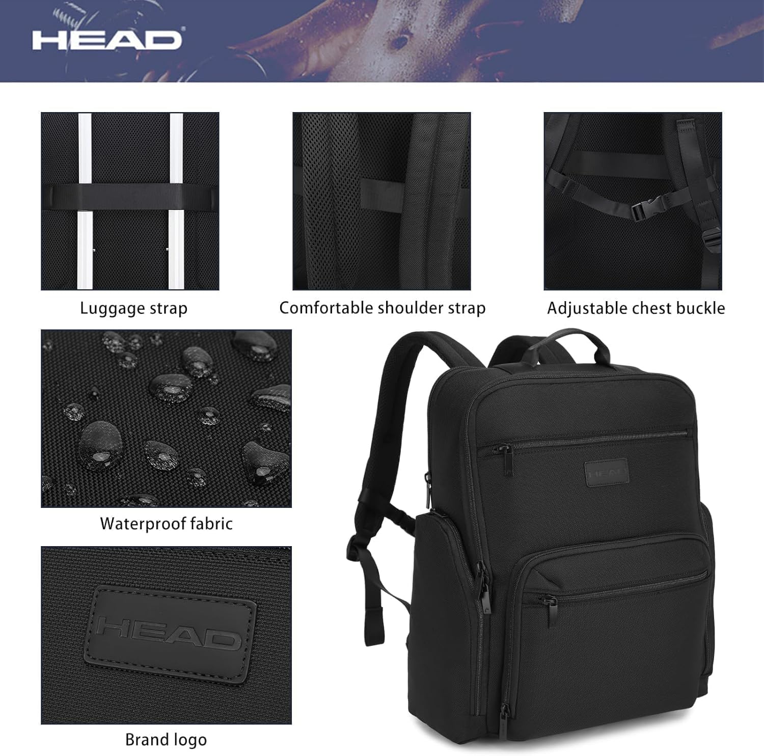 HEAD Large Laptop Backpack for Men with Trolley Sleeve, Travel Backpacks Fits 17.3 inch Laptop, Waterproof Business Laptop Bags for Work/Commute/College/Daily, Black