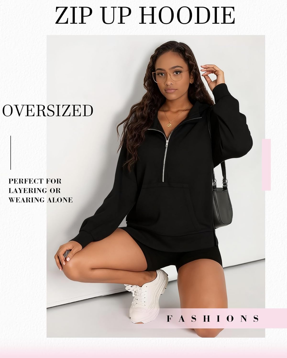 Zip Up Hoodie for Women, Oversized Half Zip Hooded Sweatshirt Casual Lightweight Going Out Pullover Tops - Image 7