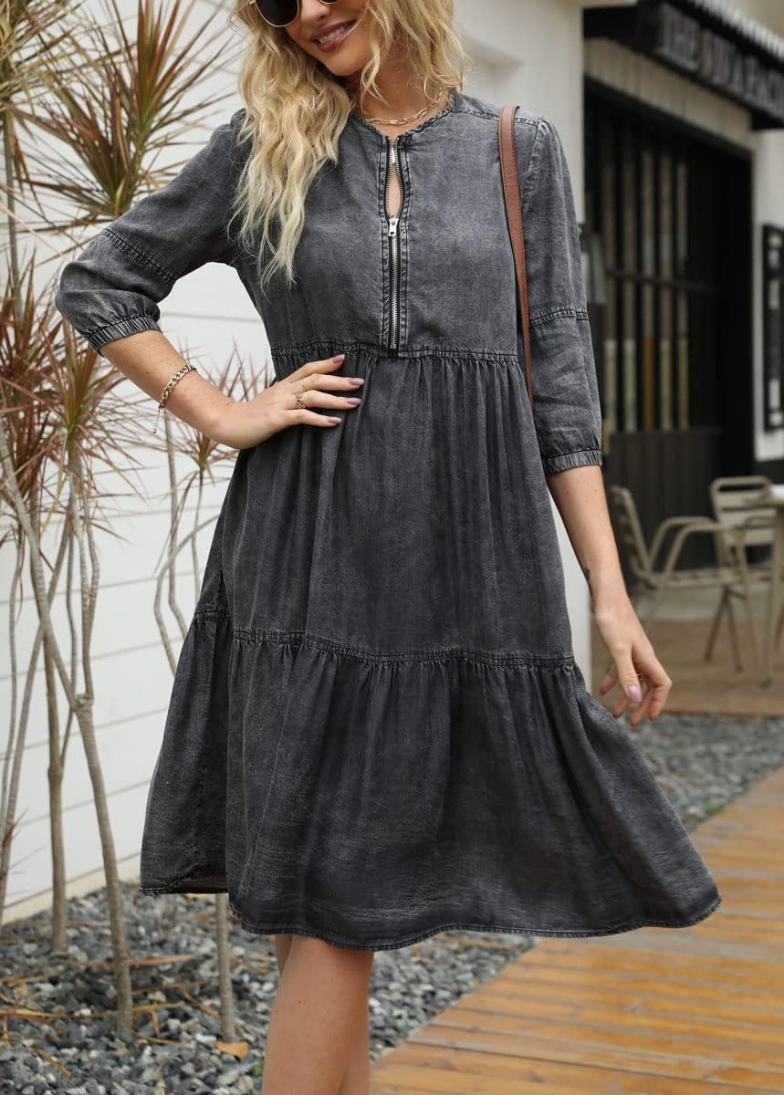 chouyatou Women's Vintage Washed Loose Fit 3/4 Sleeve Tiered Babydoll Mini Denim Jean Dress - Image 5