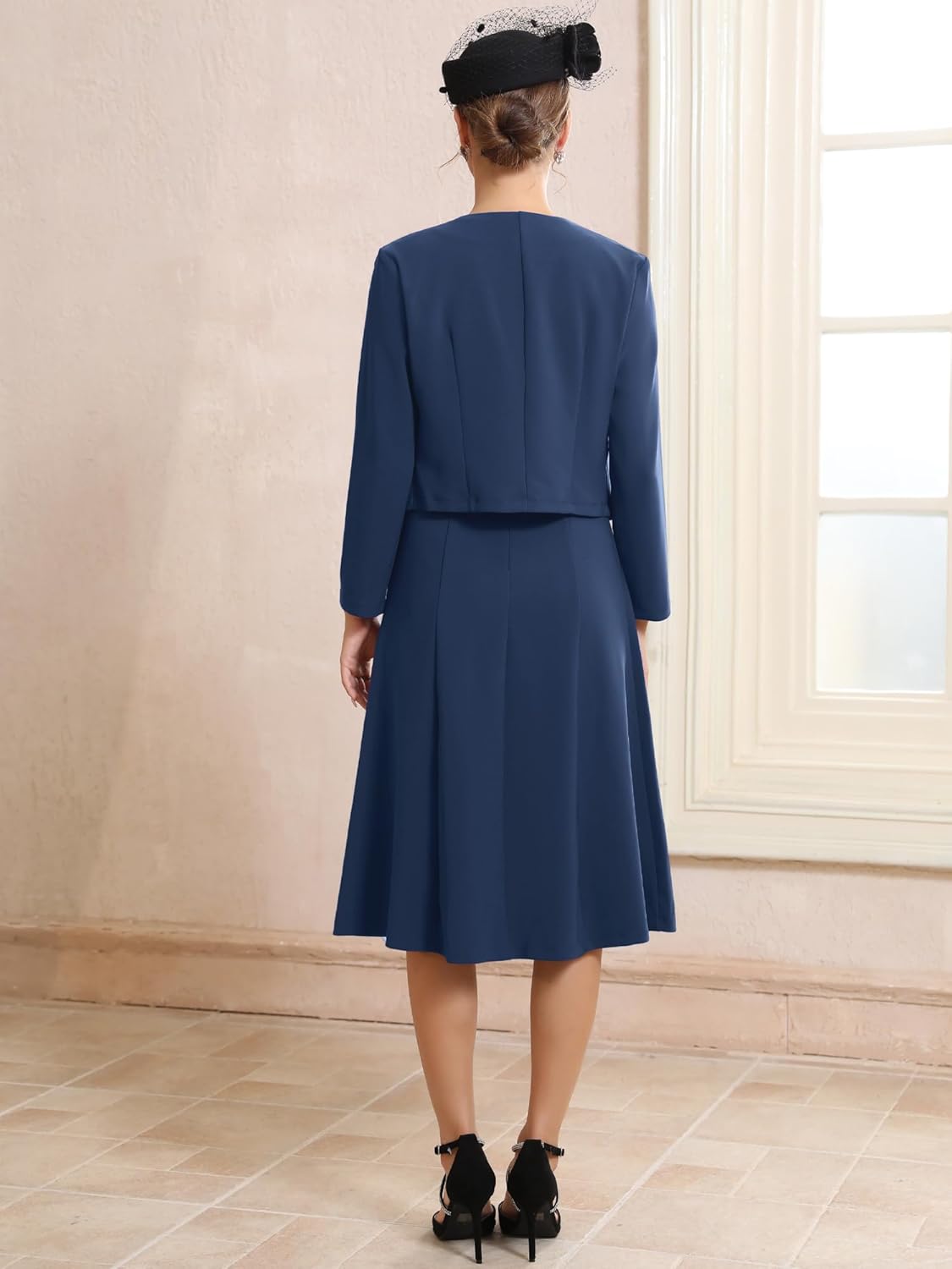 Women's Wedding Guest Suit Dress Two Pieces Sets Formal Sleeveless Dress and Crop Blazer Shrug - Image 4