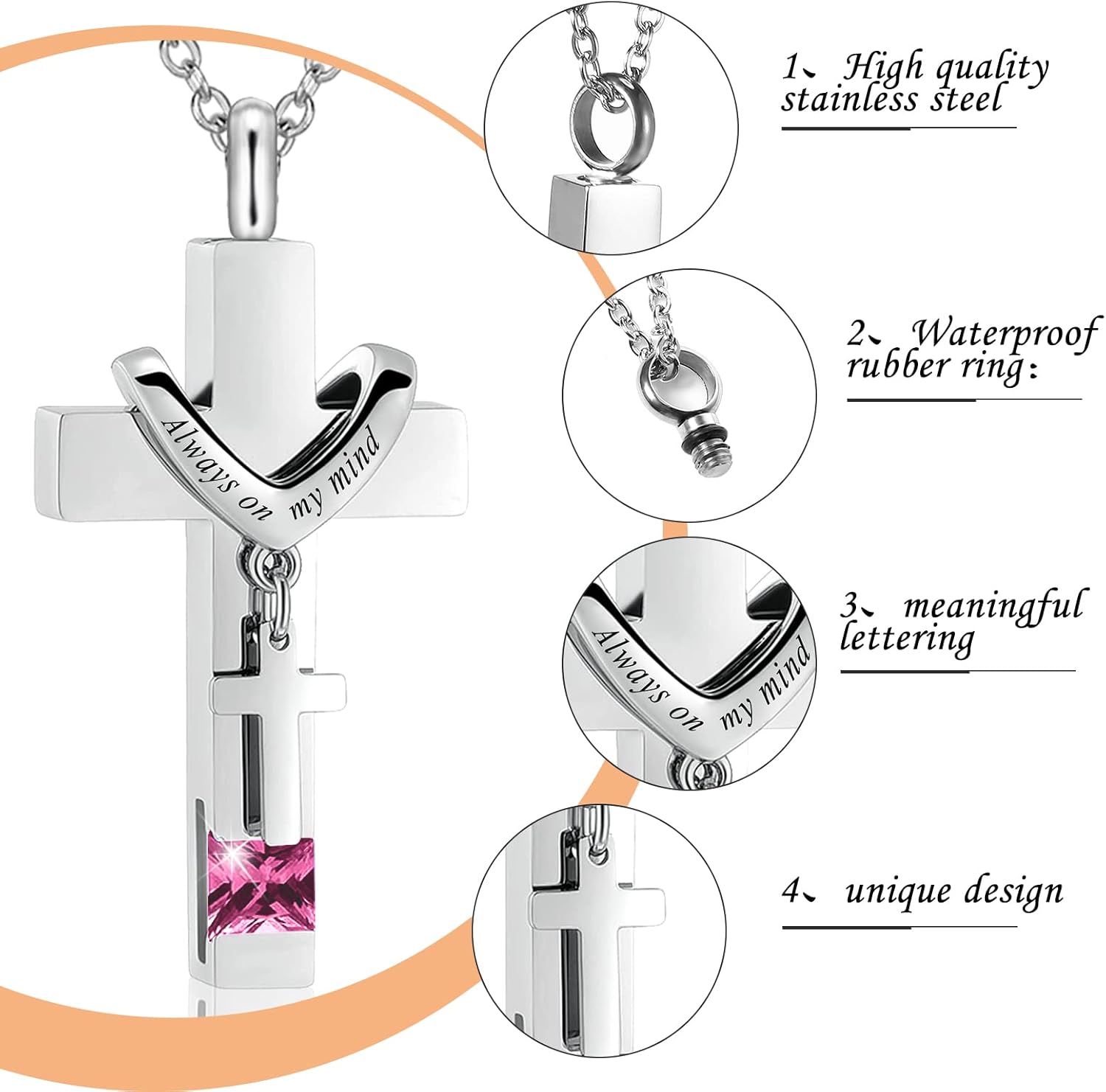 Fumete 5 Pcs Urn Necklace for Ashes Cremation Keepsake Necklace for Ashes of Loved Heart Cross Cubic Stainless Steel Memorial Locket Urn Keepsake Jewelry for Women Men, 5 Styles - Image 2